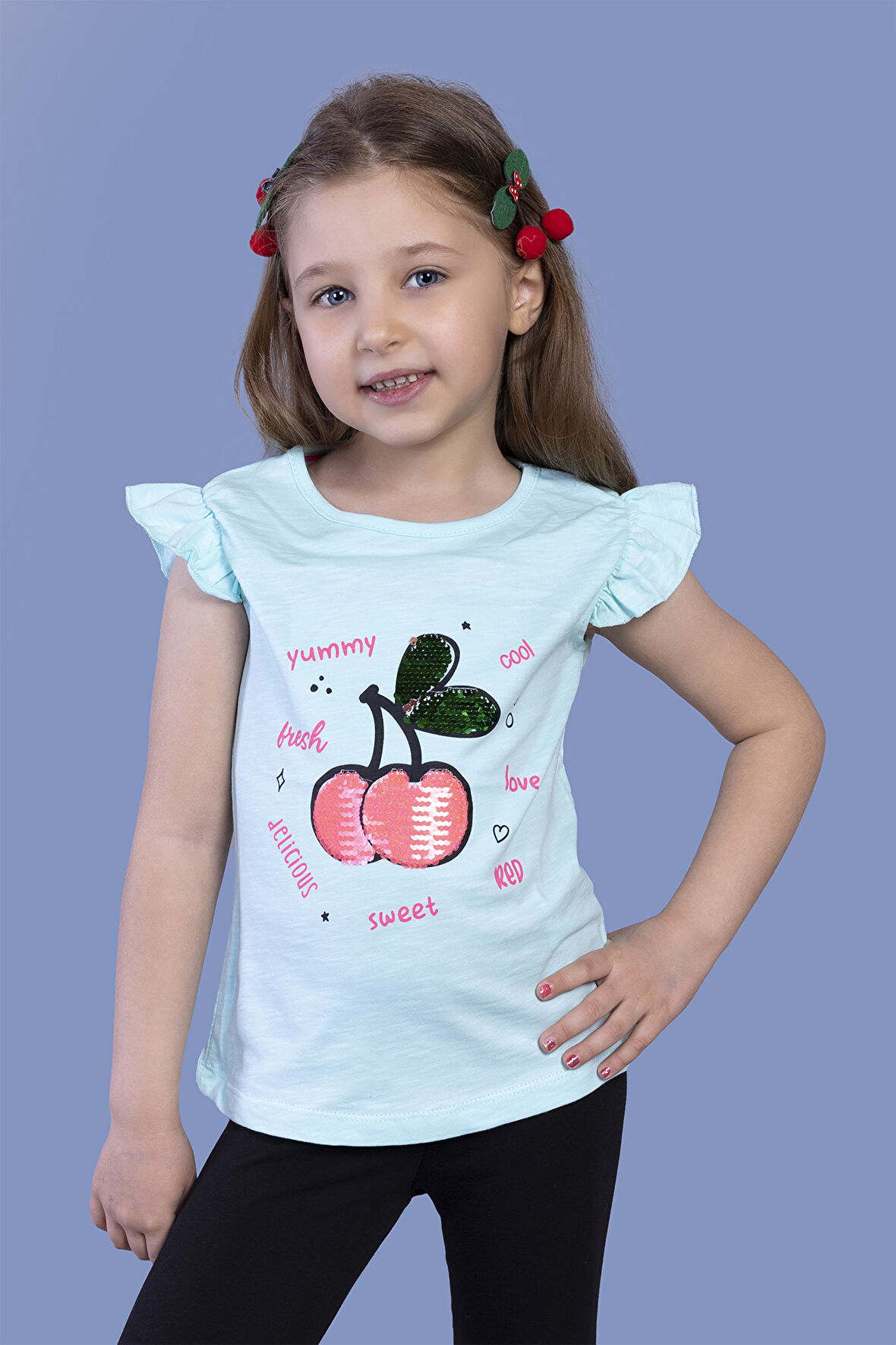 Toontoy Kız Çocuk Çevirmeli Pullu Kiraz Baskılı Tişört