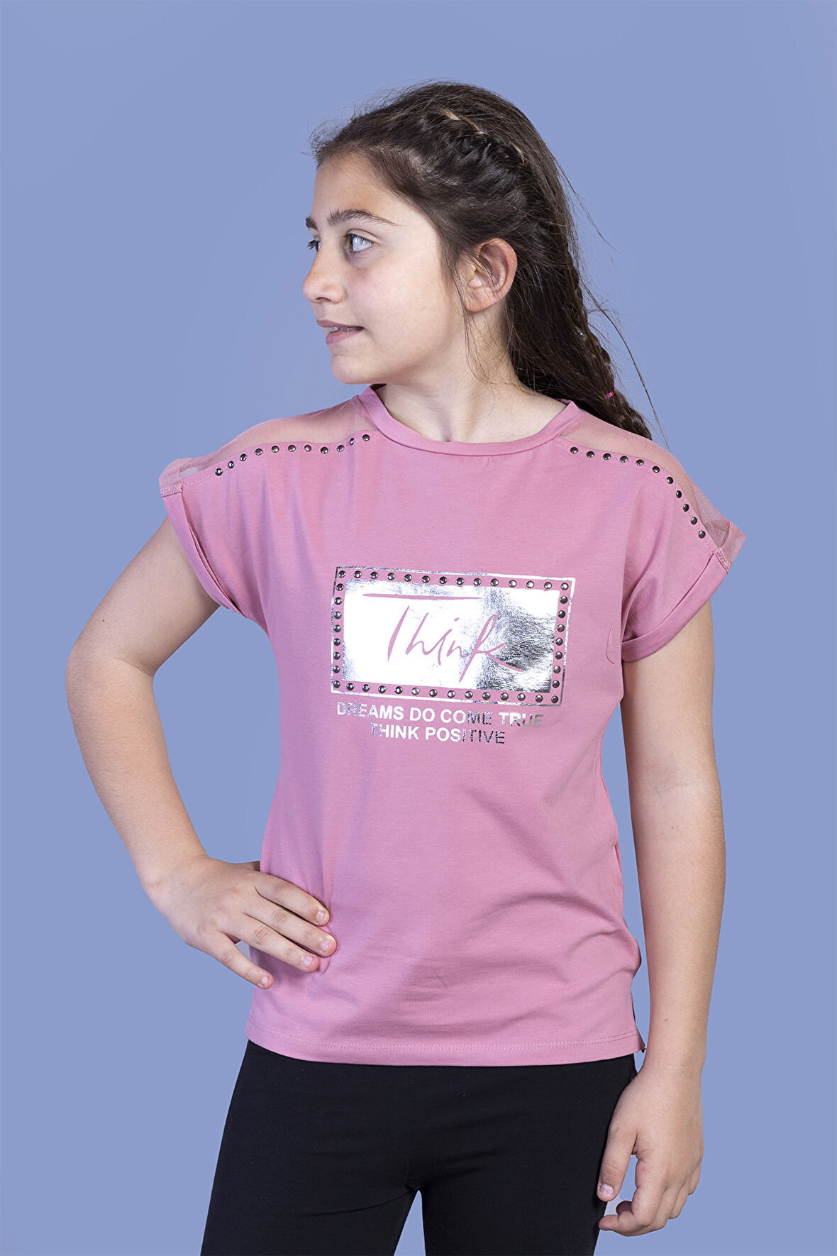 Toontoy Kız Çocuk Omuzu Tül Detaylı Varak Baskılı Tişört