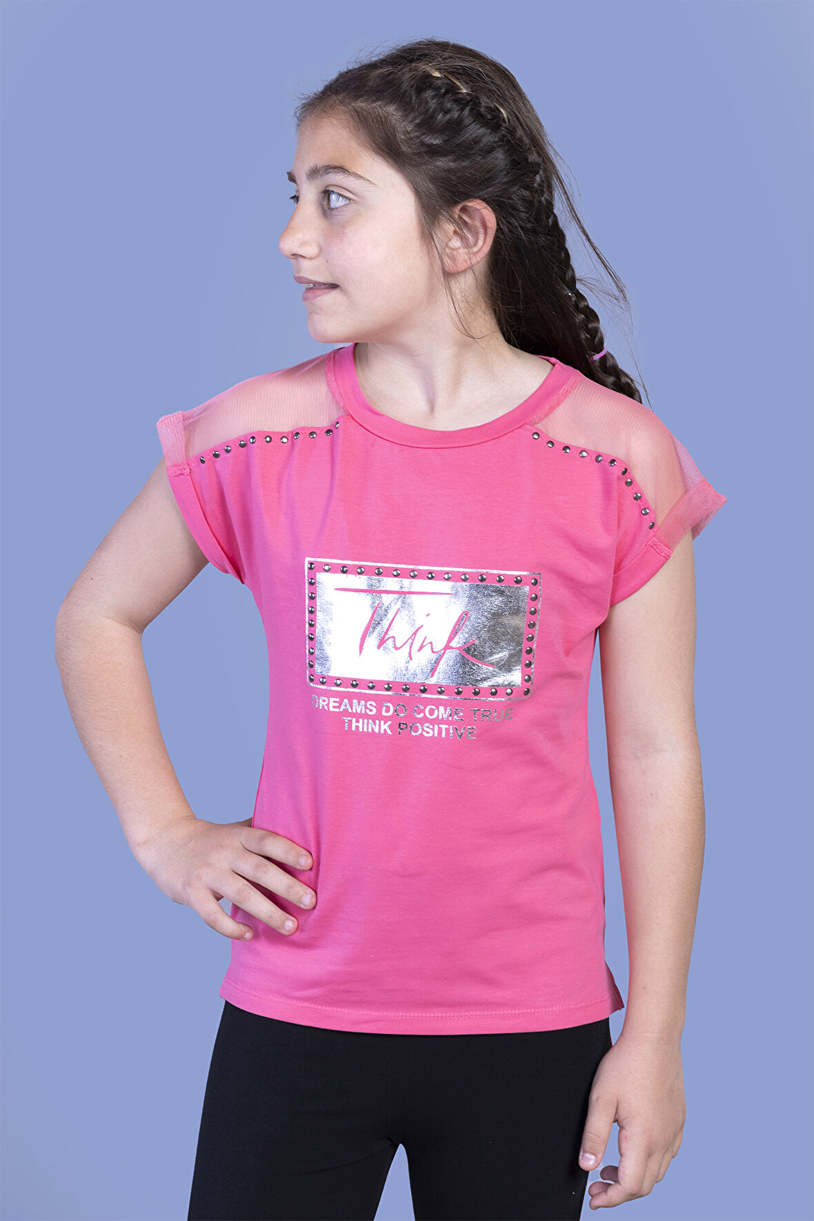 Toontoy Kız Çocuk Omuzu Tül Detaylı Varak Baskılı Tişört