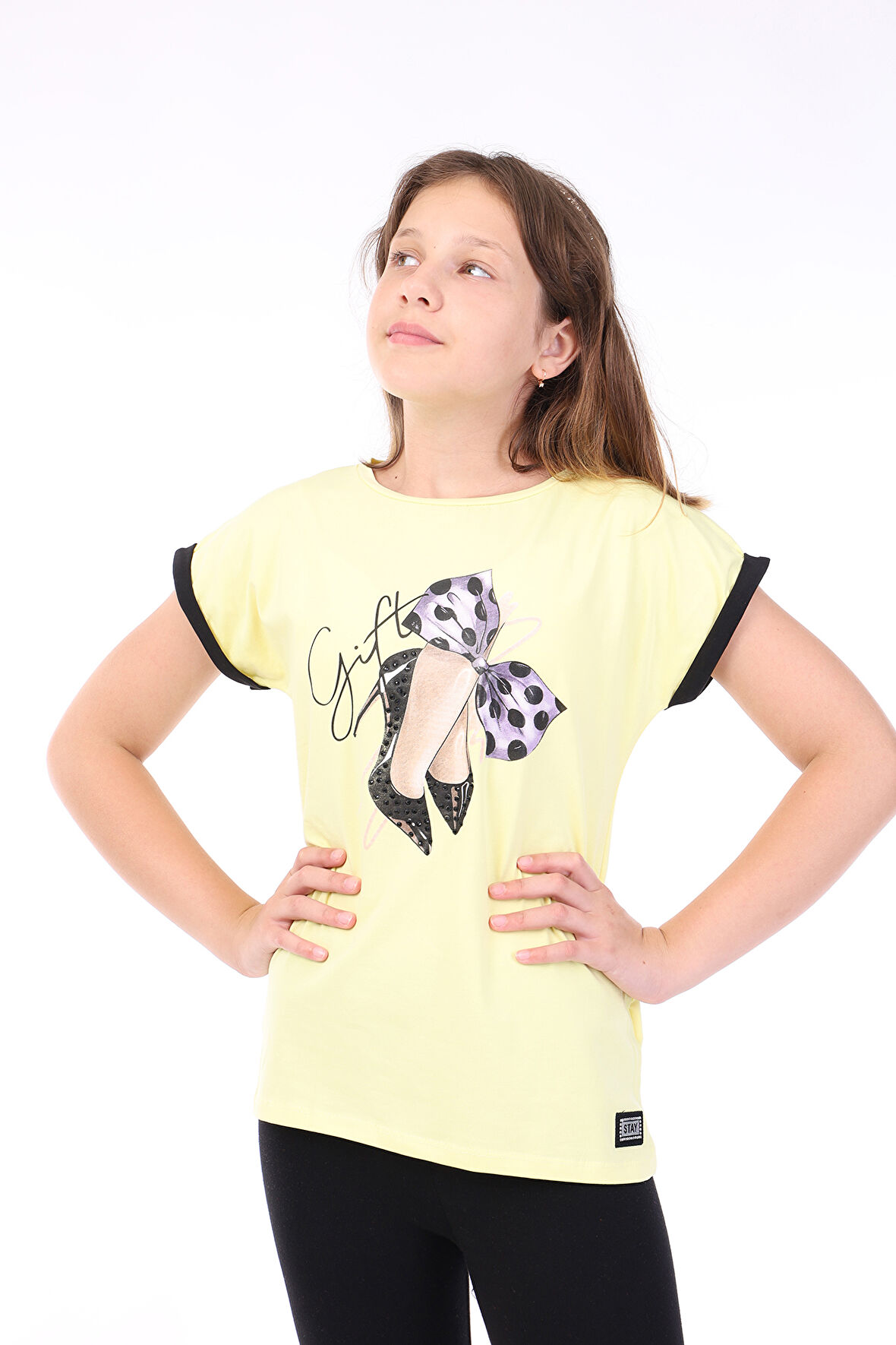 Toontoy Kız Çocuk Fiyonk Baskılı  Kolları Garni Detaylı Tişört