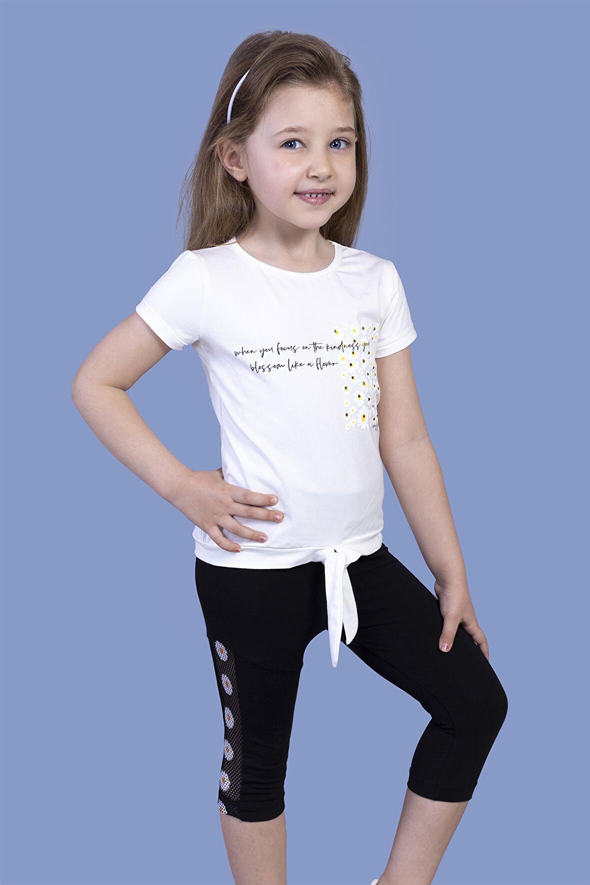 Toontoy Kız Çocuk Papatya Desenli Baskılı Taytlı Takım