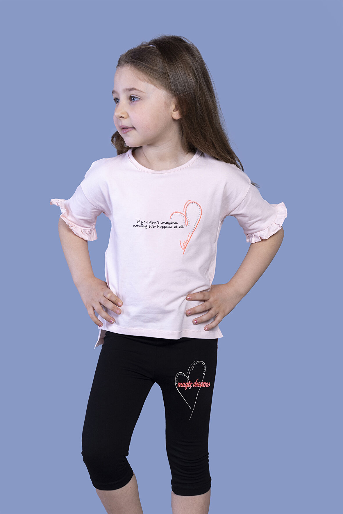 Toontoy Kız Çocuk Düşük Kol Büzgü Detaylı Baskılı Taytlı Takım