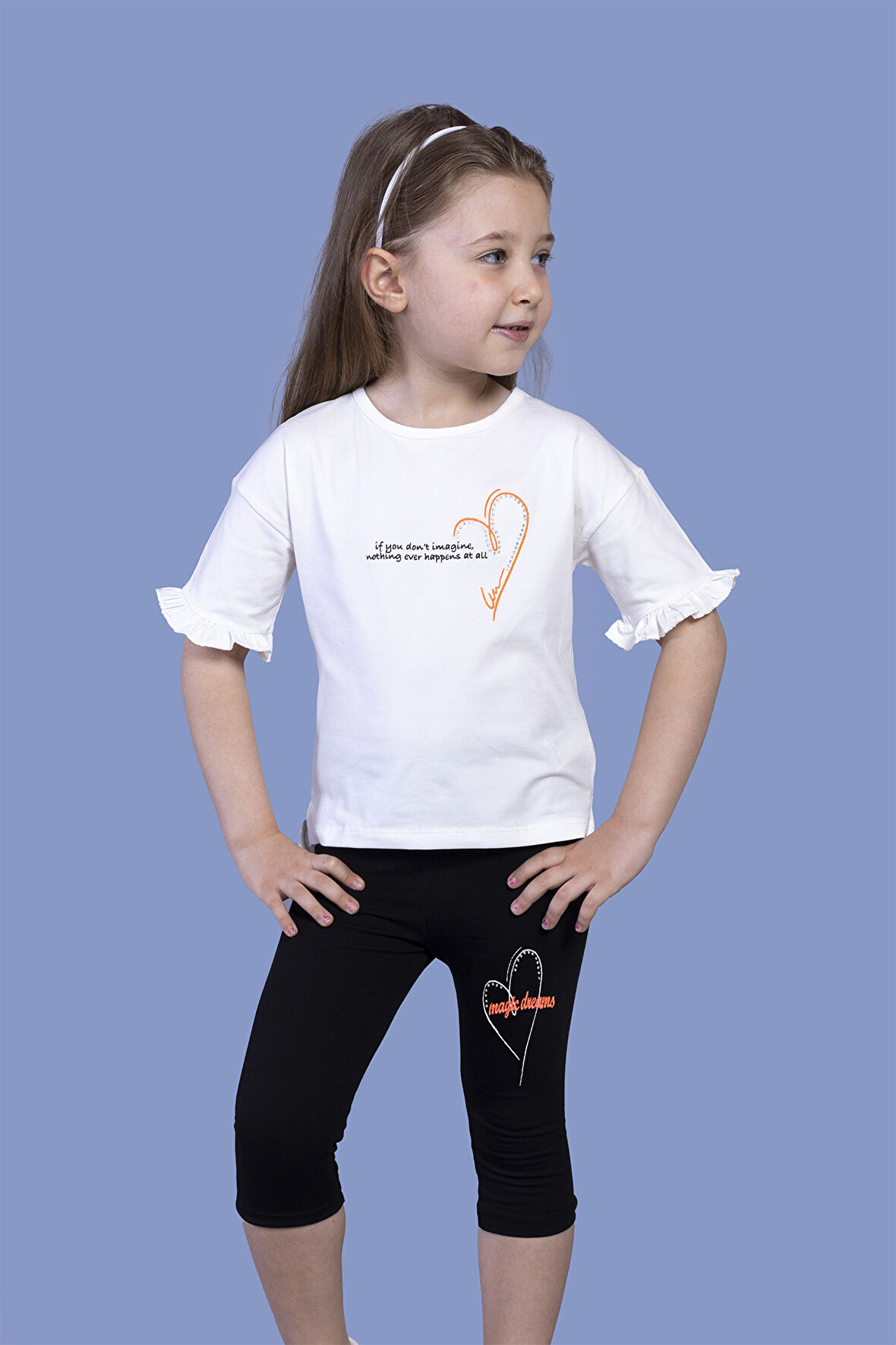 Toontoy Kız Çocuk Düşük Kol Büzgü Detaylı Baskılı Taytlı Takım