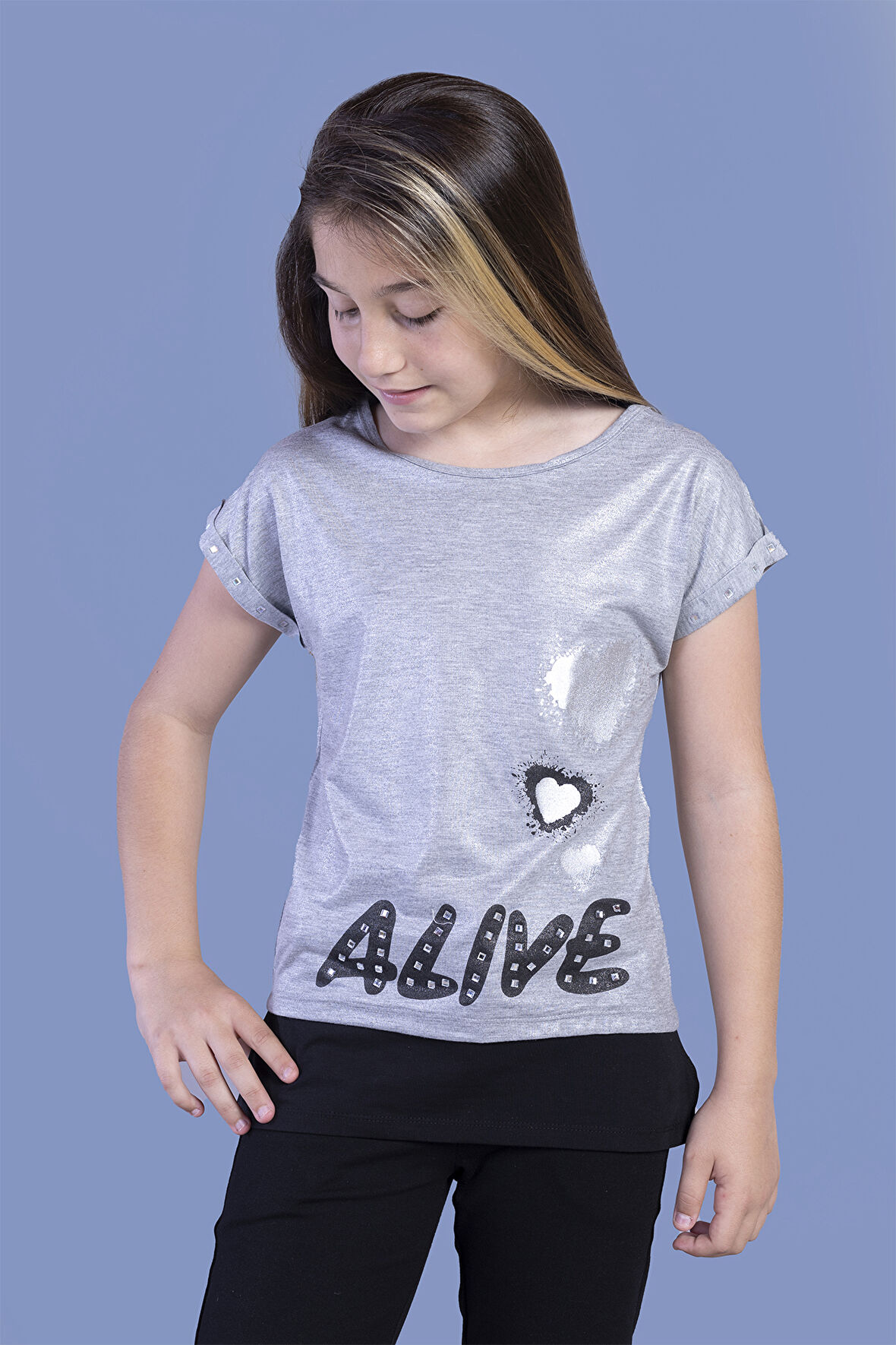 Toontoy Kız Çocuk Simli Garni Detaylı Baskılı Tişört