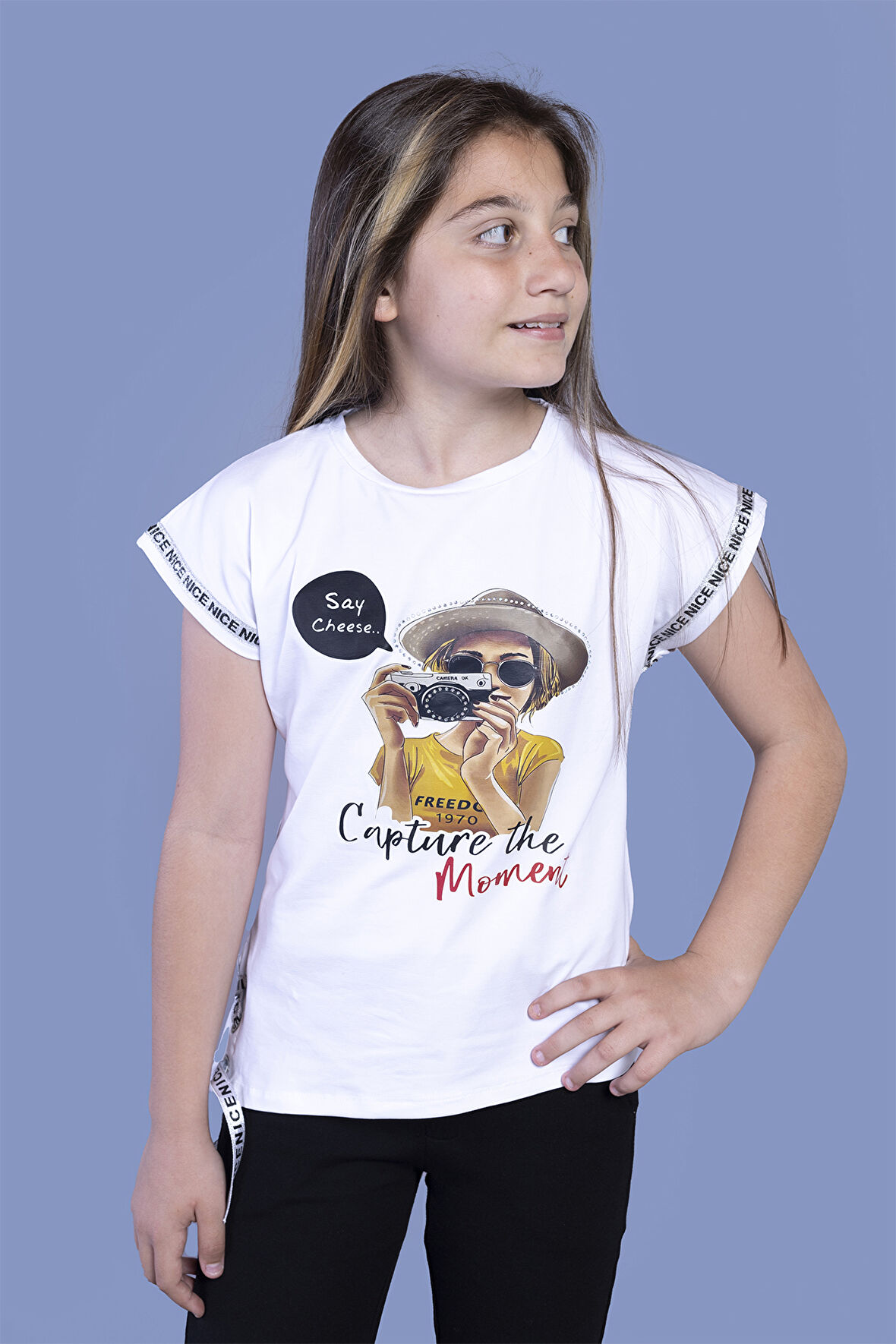 Toontoy Kız Çocuk Şerit Detaylı Baskılı Tişört