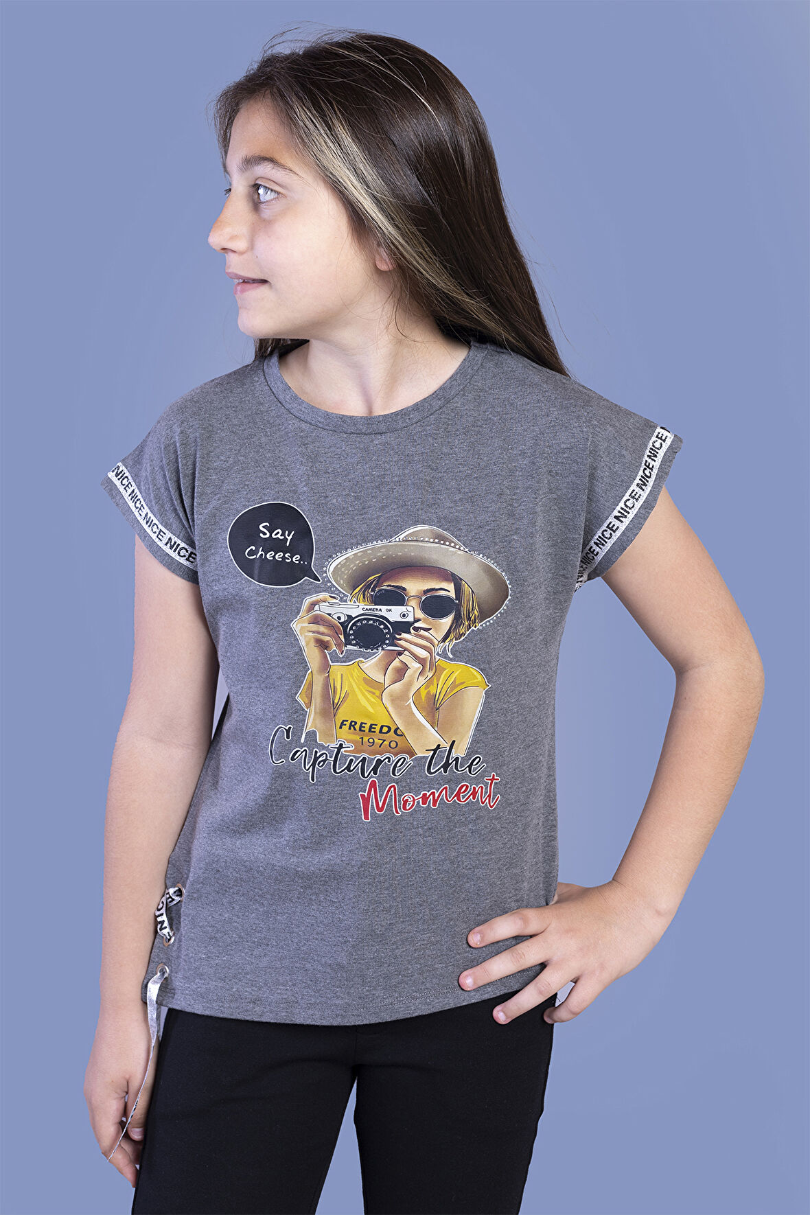 Toontoy Kız Çocuk Şerit Detaylı Baskılı Tişört