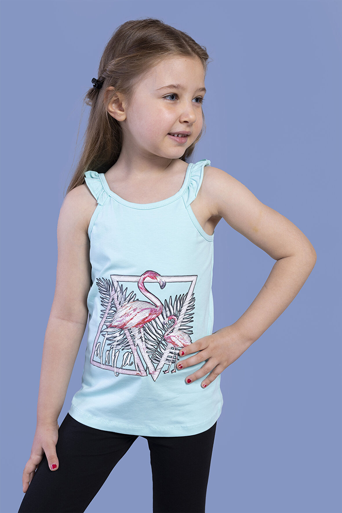 Toontoy Kız Çocuk Fırfır Detaylı Flamingo Kabartma Baskılı Atlet