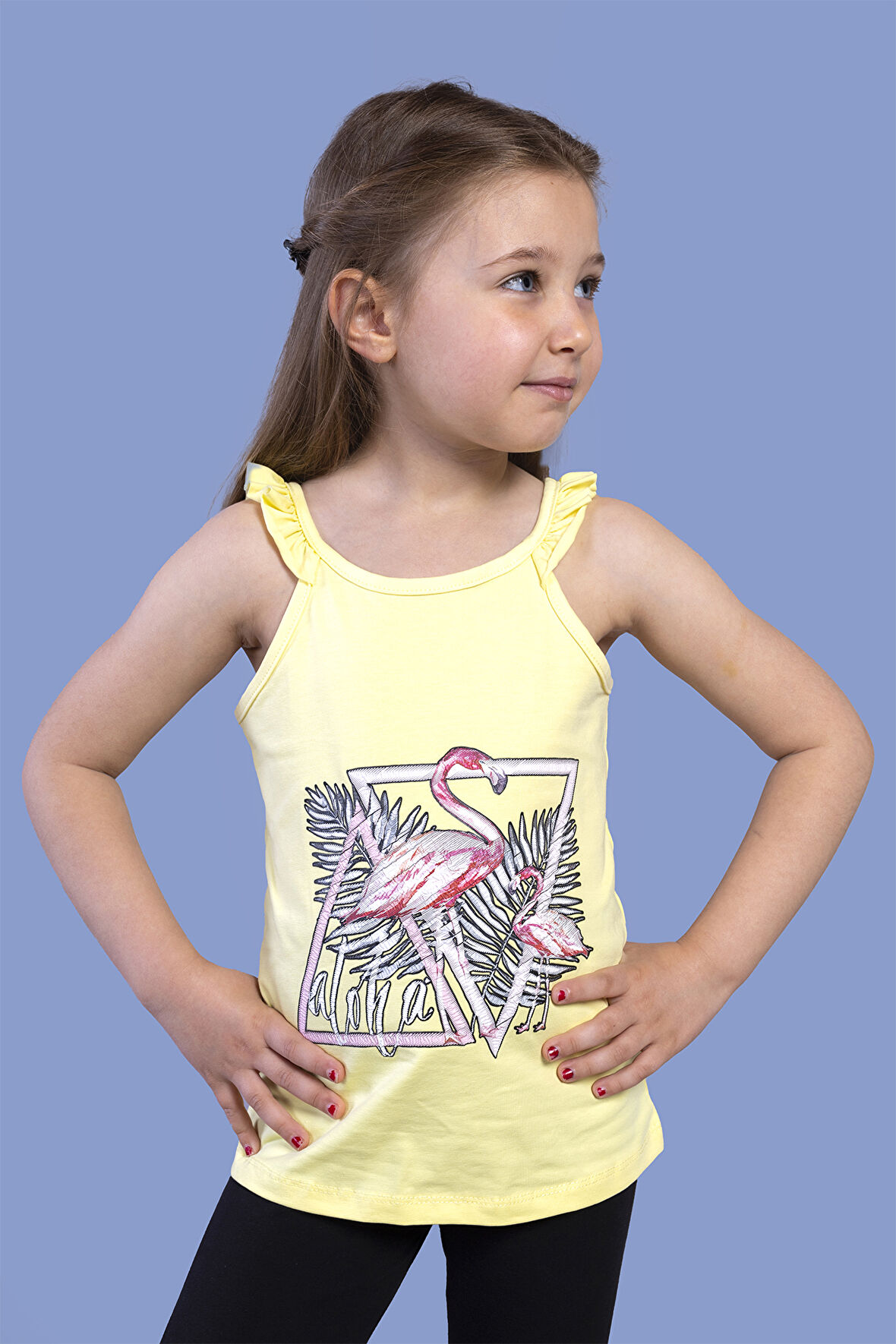 Toontoy Kız Çocuk Fırfır Detaylı Flamingo Kabartma Baskılı Atlet