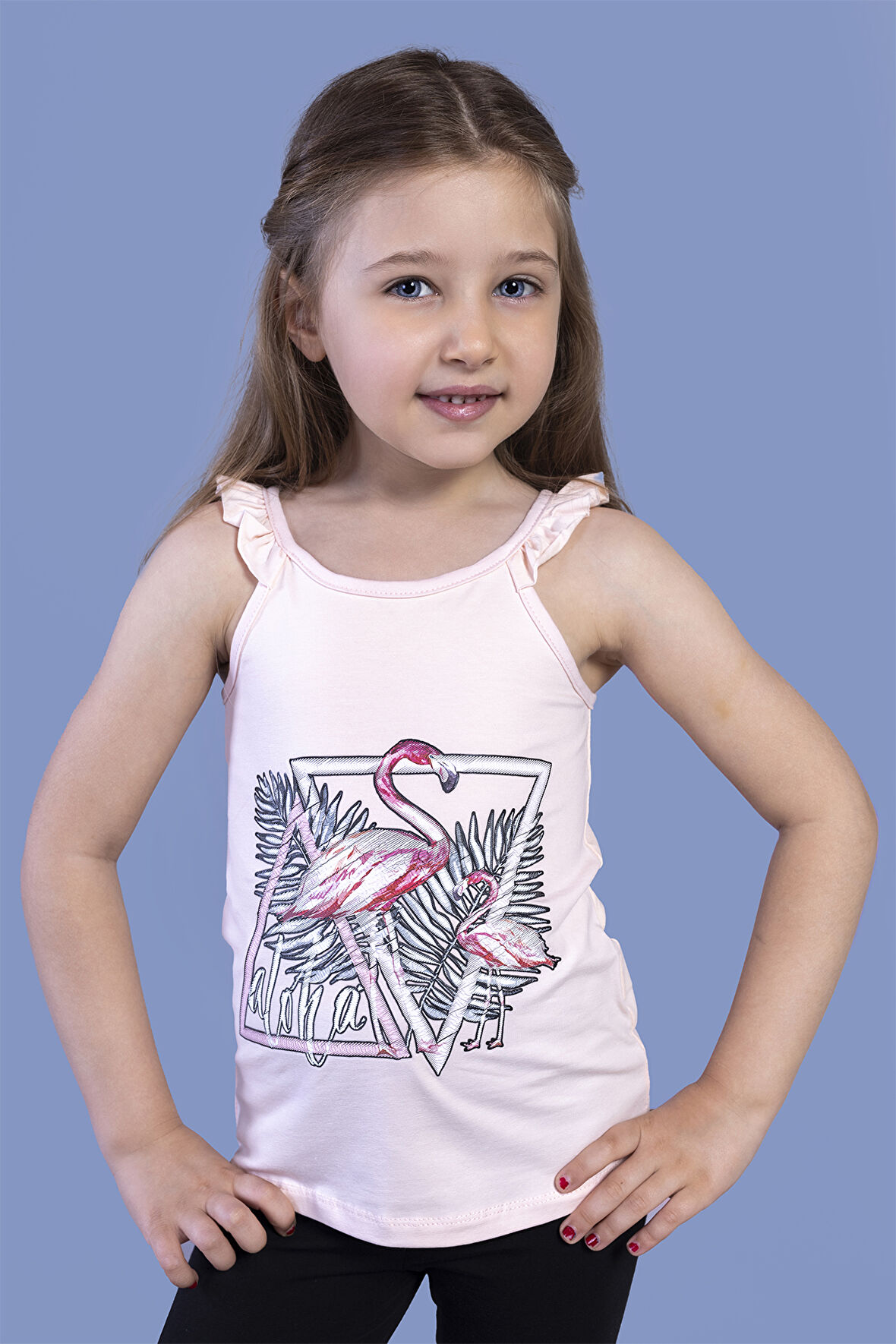 Toontoy Kız Çocuk Fırfır Detaylı Flamingo Kabartma Baskılı Atlet