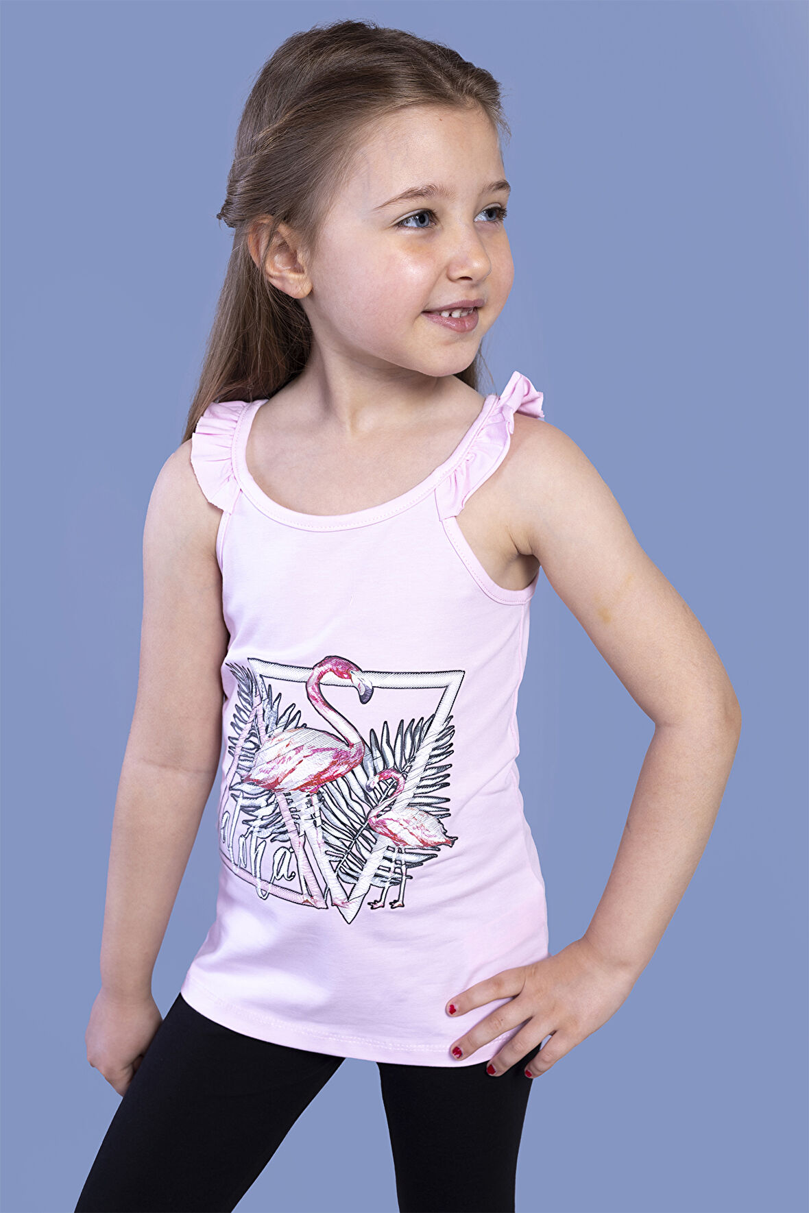 Toontoy Kız Çocuk Fırfır Detaylı Flamingo Kabartma Baskılı Atlet