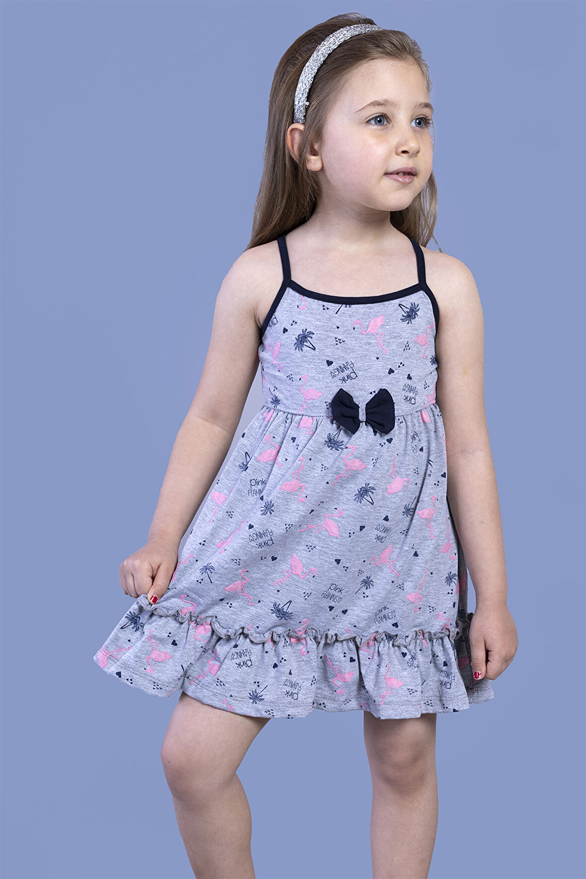 Toontoy Kız Çocuk Flamingo Desenli Büzgü Detaylı Elbise