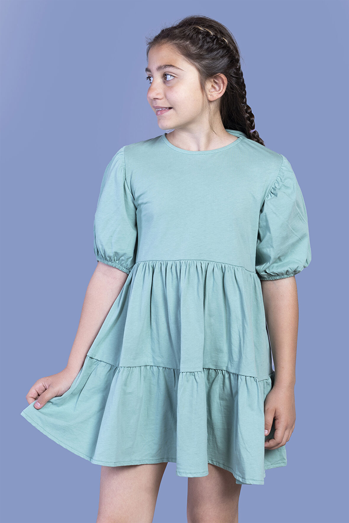 Toontoy Kız Çocuk Arkası Bağlama Detaylı Balon Kol Elbise