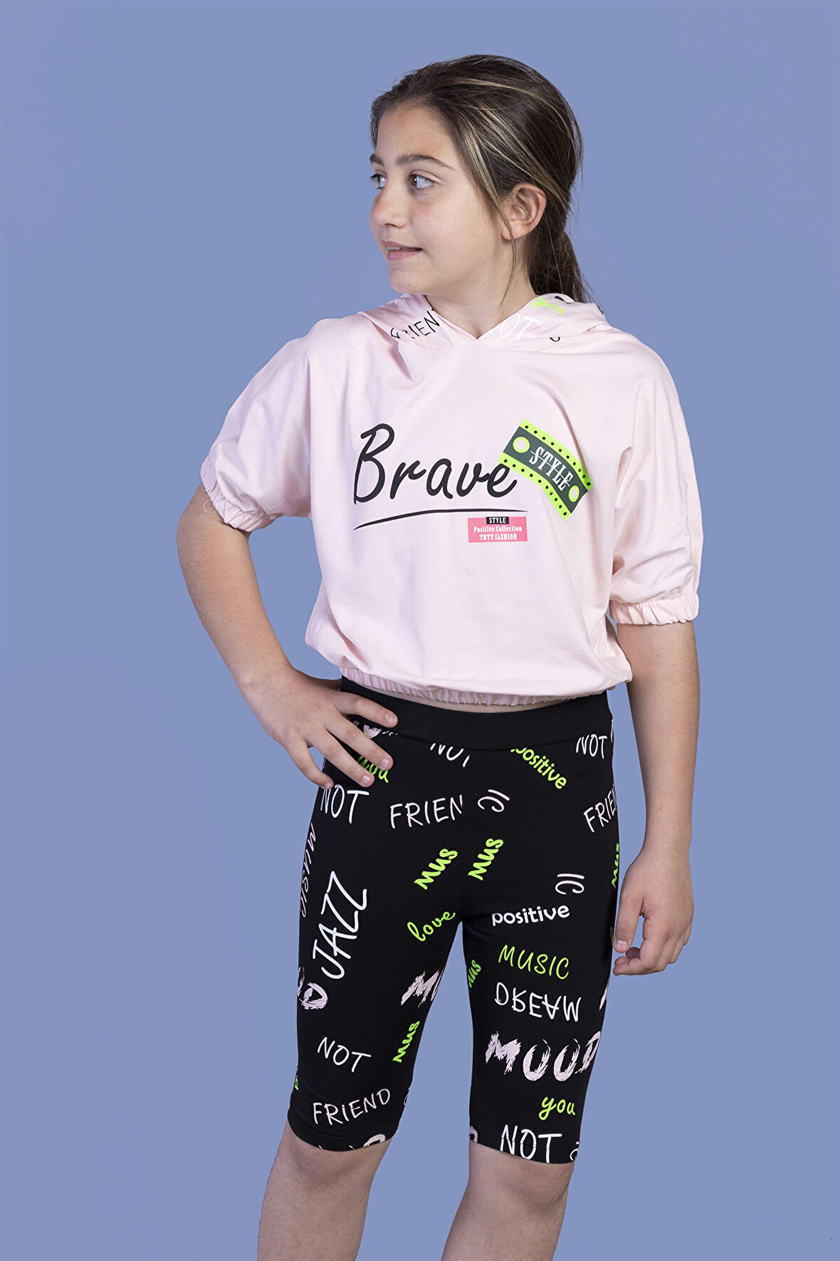 Toontoy Kız Çocuk Kapüşonlu Baskılı Biker Taytlı Takım