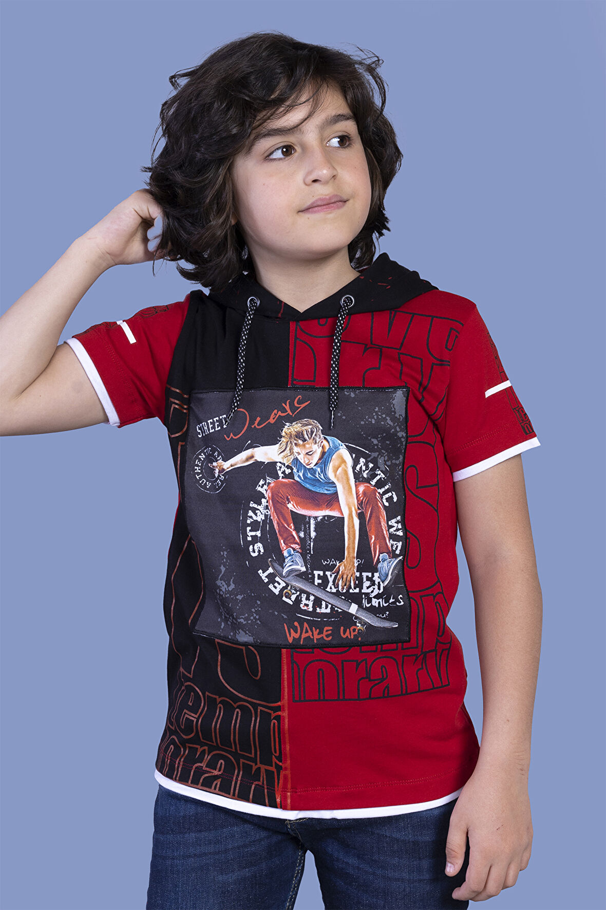 Toontoy Erkek Çocuk Garni Detaylı Kapüşonlu Baskılı Tişört