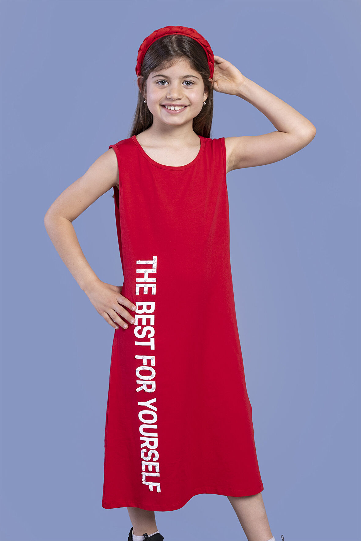 Toontoy Kız Çocuk İnci Detaylı Baskılı Elbise