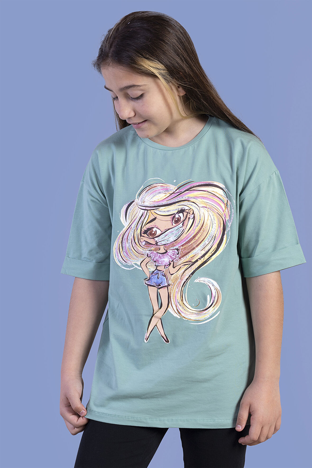 Toontoy Kız Çocuk Baskılı Düşük Kol Tişört