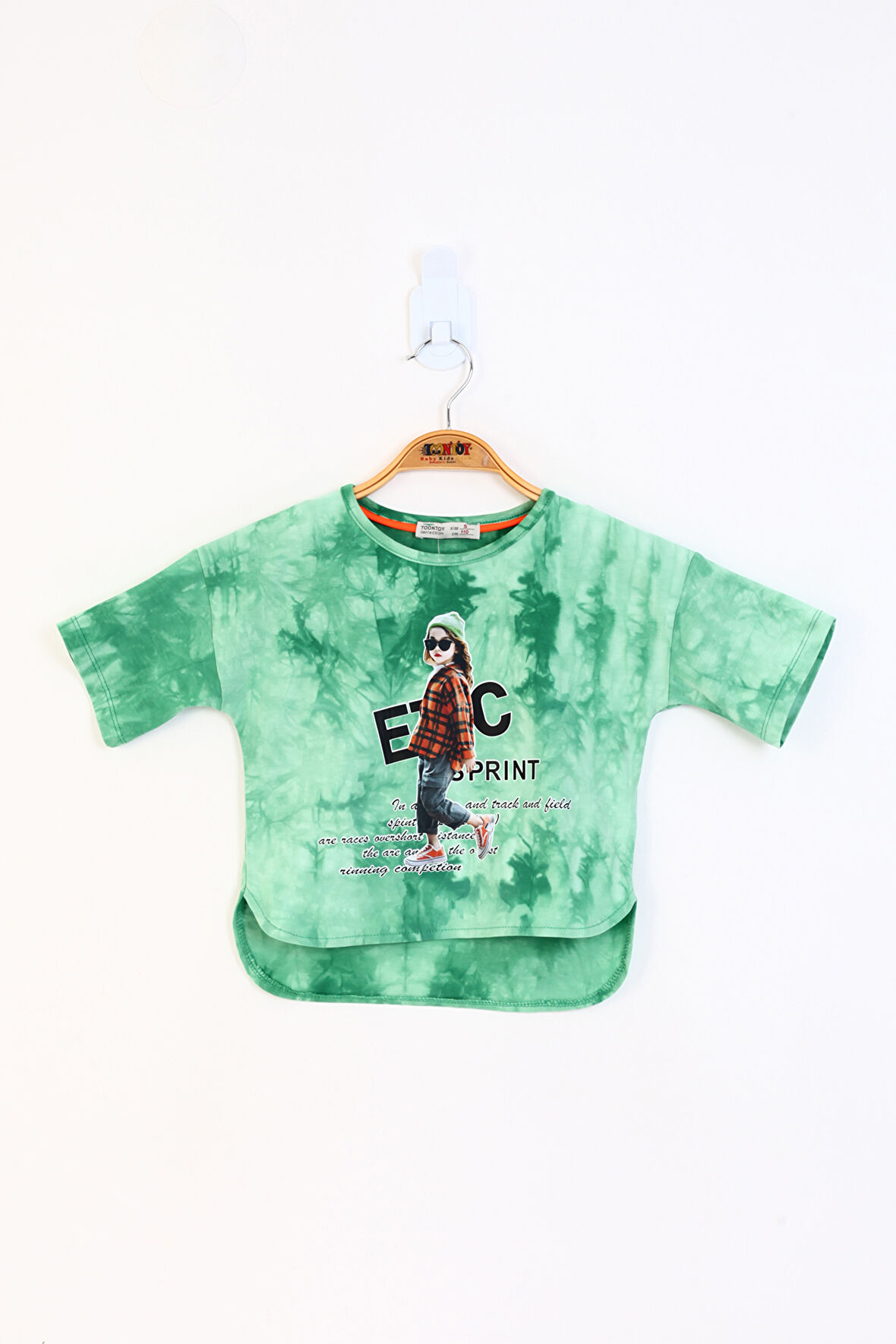 Toontoy Kız Çocuk Batik Desenli Düşük Kol Baskılı Tişört