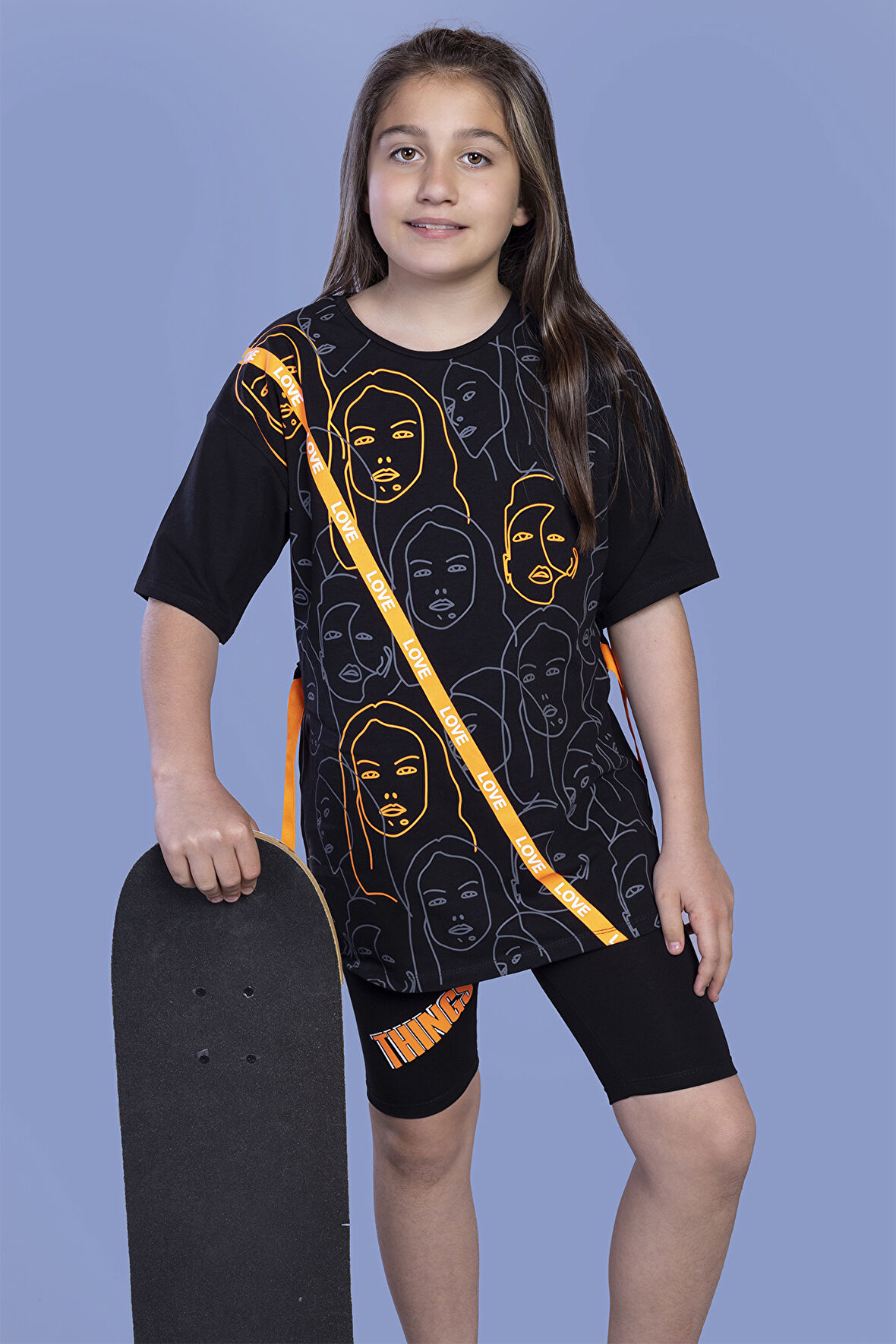 Toontoy Kız Çocuk Komple Baskılı Şerit Detaylı Biker Taytlı Takım