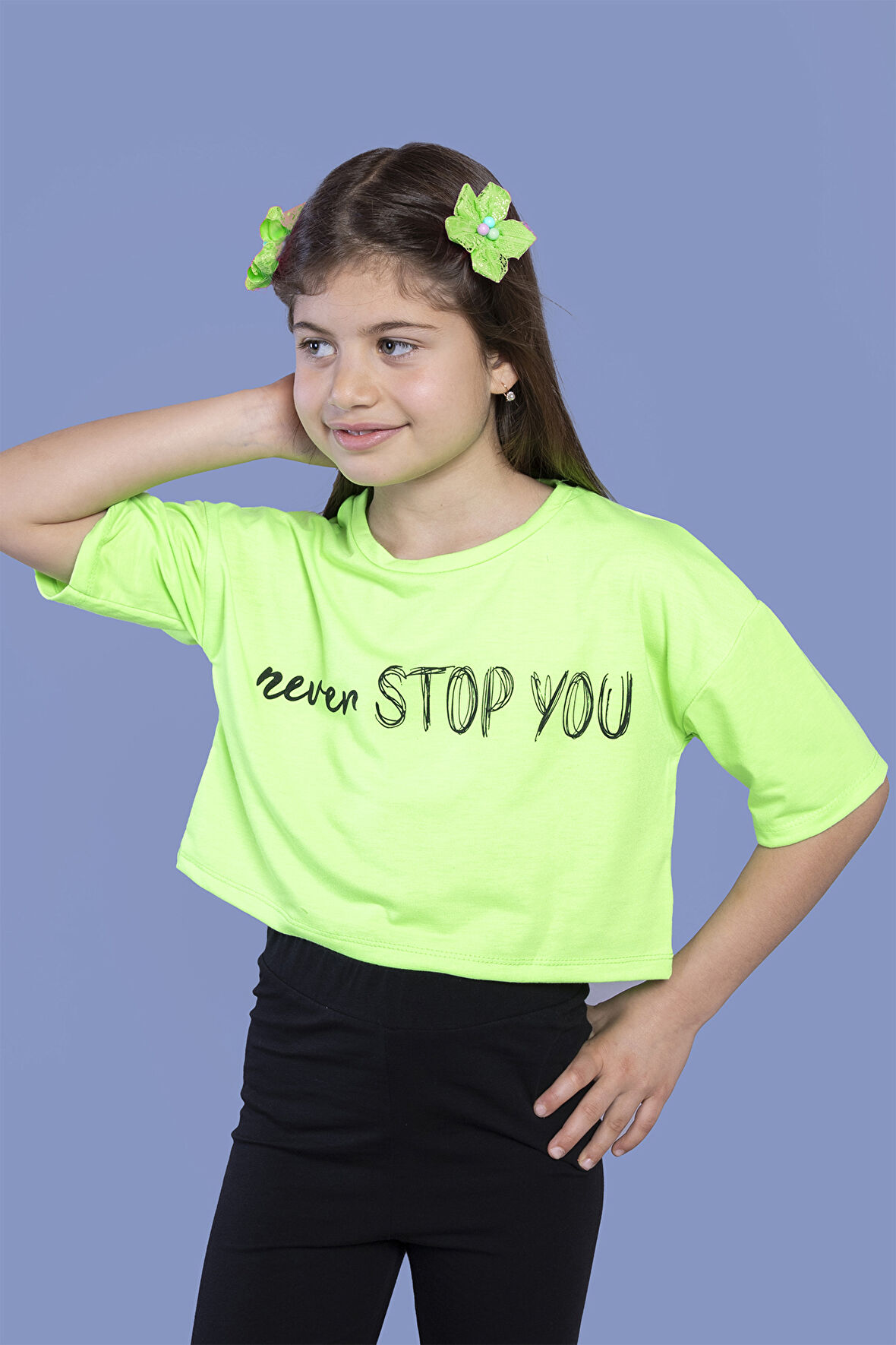 Toontoy Kız Çocuk Baskılı Düşük Kol Crop Tişört