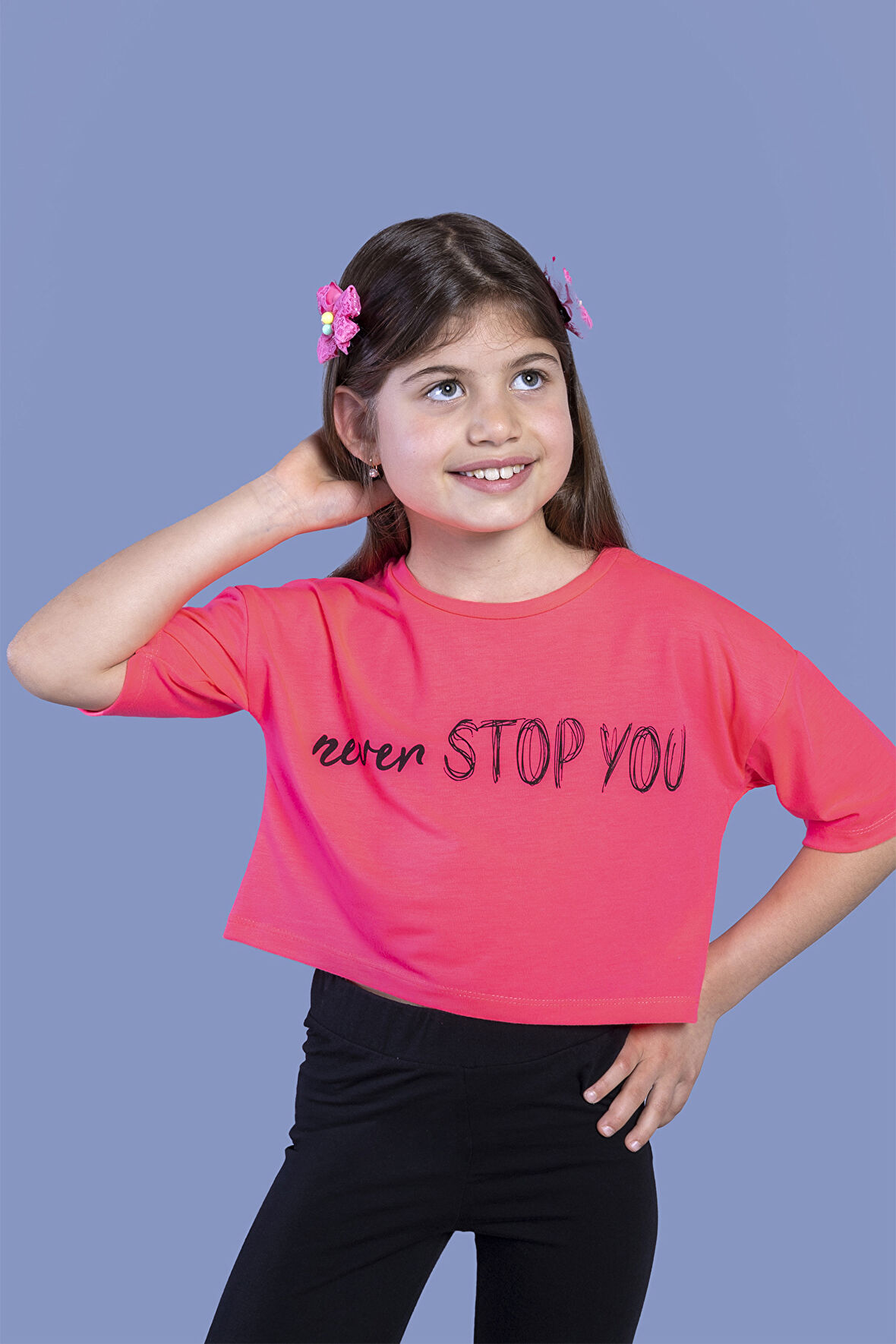 Toontoy Kız Çocuk Baskılı Düşük Kol Crop Tişört