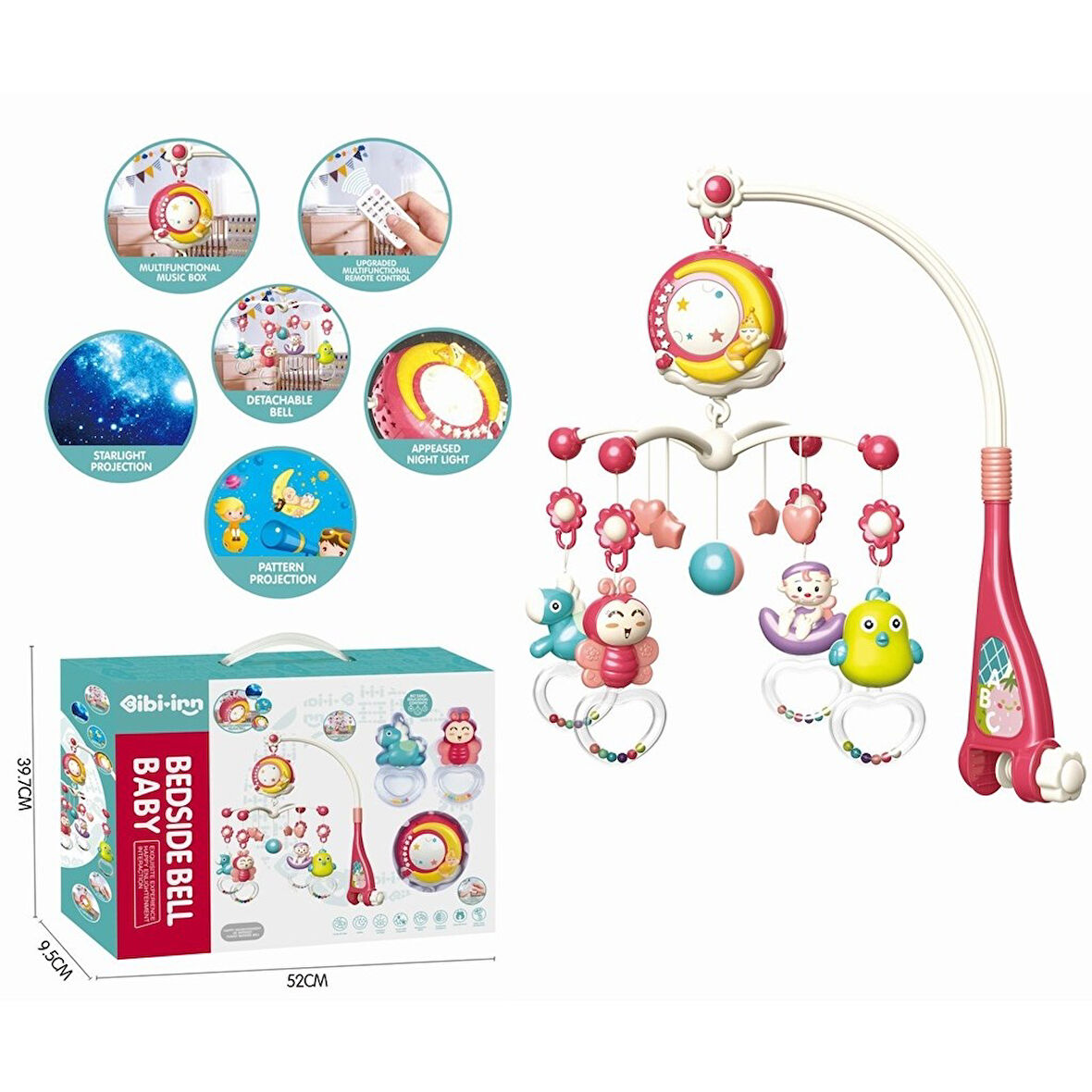 Işıklı Müzikli Bebek Dönencesi Kumandalı Projeksiyonlu Uyku Arkadaşı Kırmızı Dönence