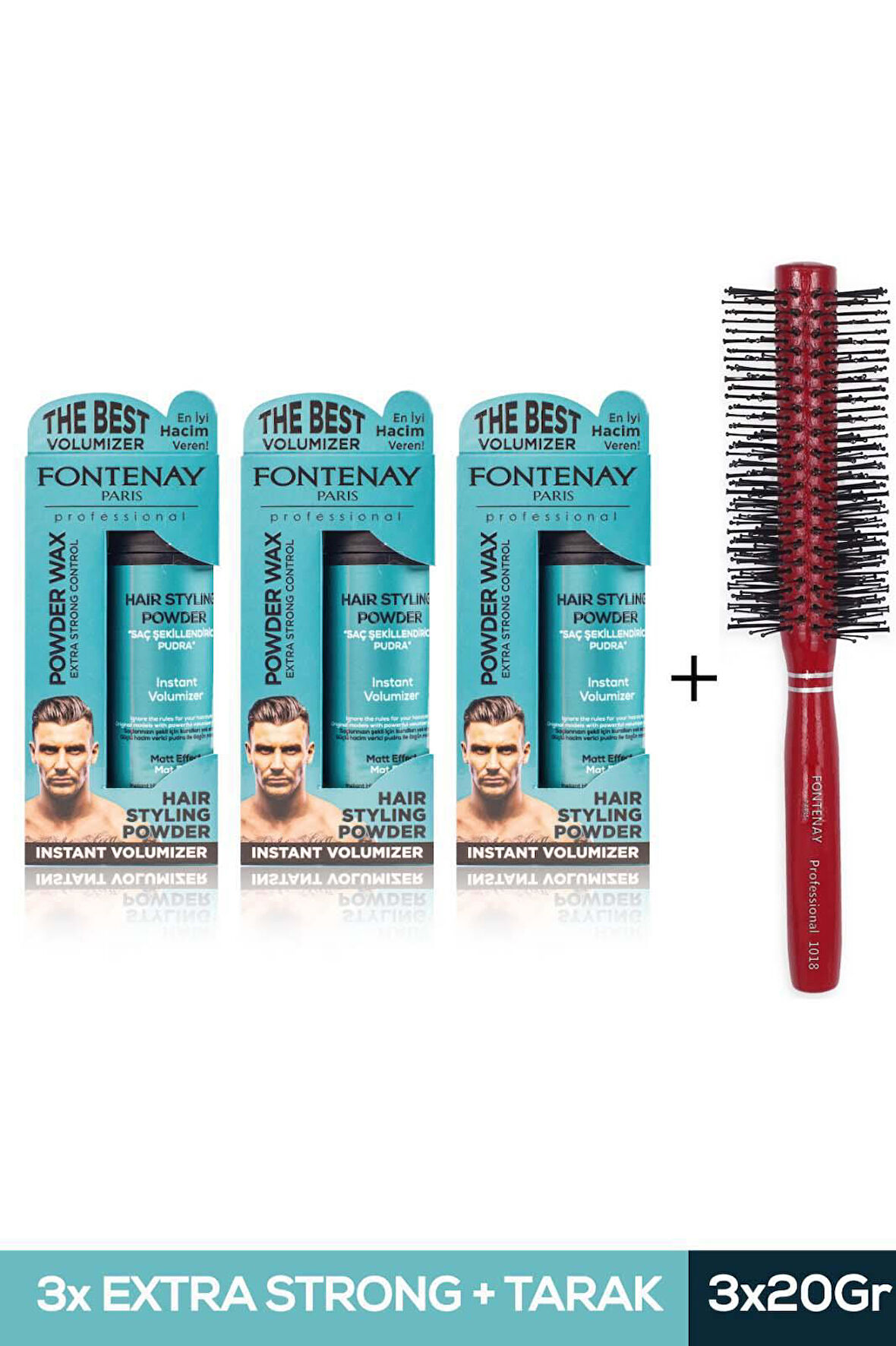 Fontenay Saç Şekillendirici Pudra Toz Wax Mat Effect Mavı 20gr X3 + Profesyonel Saç Fırçası 1018 4'lü Set 