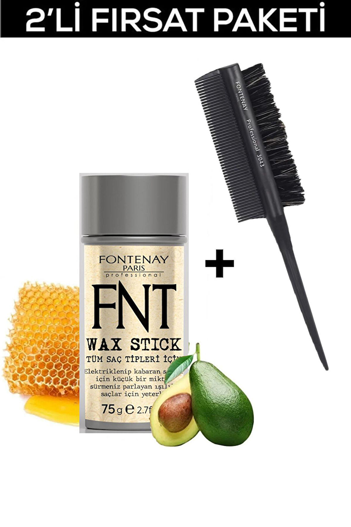 Fontenay Hair Wax Stick 75gr + Profesyonel Topuz Fırçası 3033 +Topuz Krepe Şiş Tarak 3043 3'Lü Set