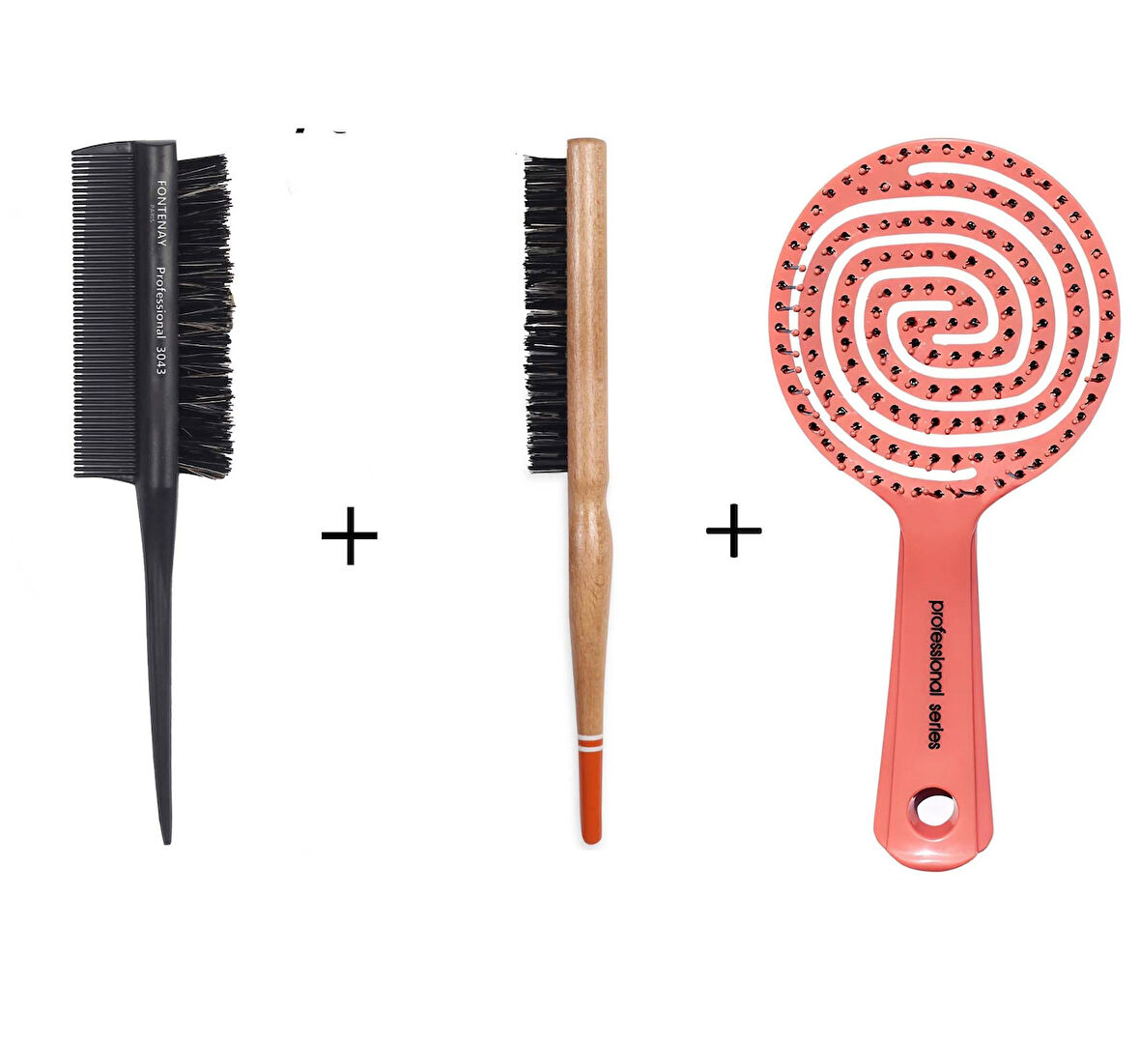 Fontenay Profesyonel 3 Boyutlu Saç Fırçası + 3043 Krepe Şiş Tarak 3ın1 + 033 Topuz Fırçası 3'Lü Set