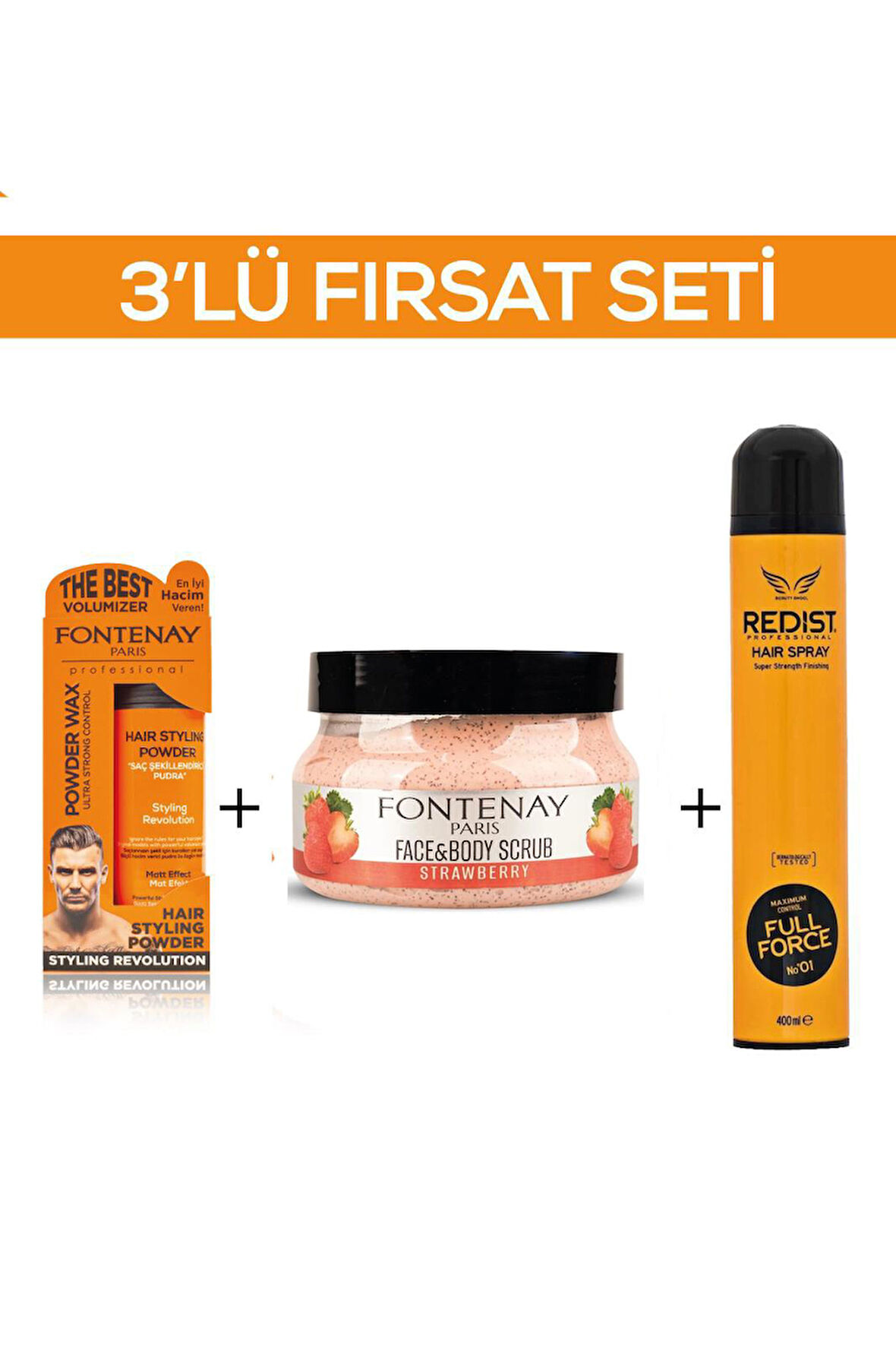 Fontenay Pudra Toz Wax Turuncu 20gr + Face And Body Scrub Çilekli 350ml +Saç Spreyi 2 400ml 3'Lü Set