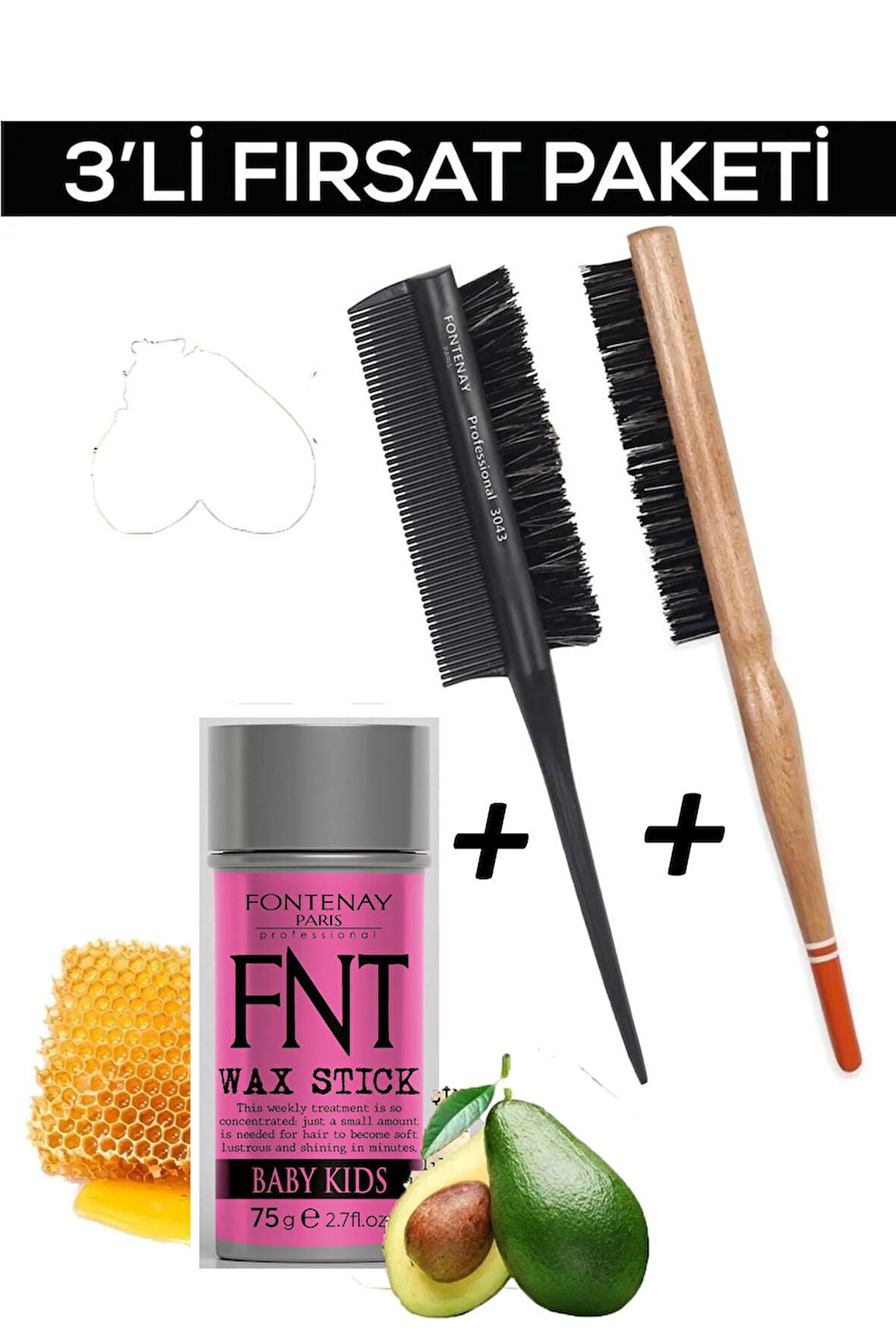 Fontenay Hair Wax Stick For Kids+Profesyonel Topuz Fırçası 3033 +Topuz Krepe Şiş Tarak 3043 3'Lü Set