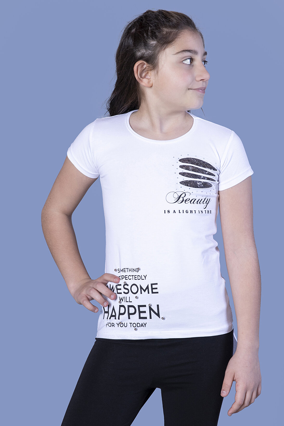 Toontoy  Kız Çocuk T-Shirt Göğsü Lazer Kesim Taşlı