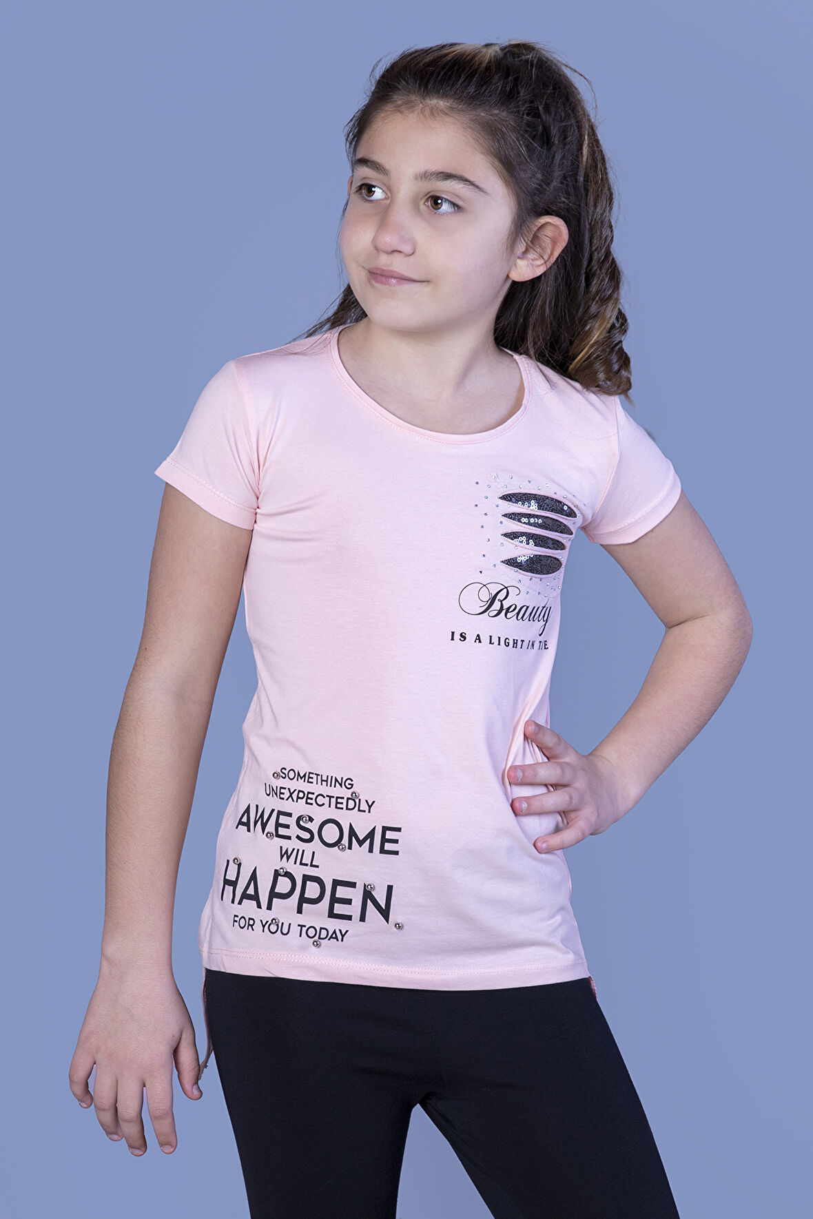 Toontoy  Kız Çocuk T-Shirt Göğsü Lazer Kesim Taşlı