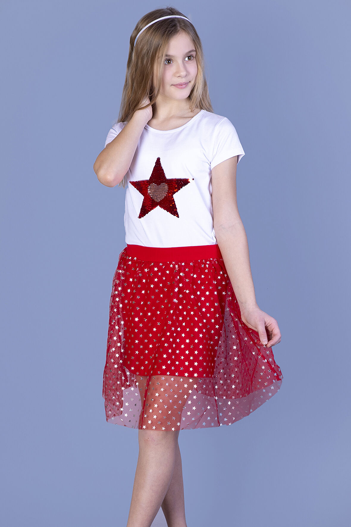 Kız Çocuk Simli Etekli Takım Pullu Kalp Nakışlı