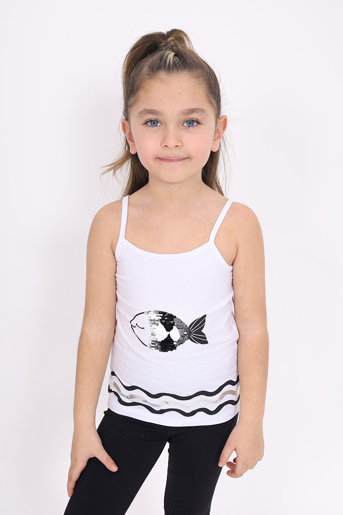 Toontoy Kız Çocuk Pul İşlemeli Balık Nakış Askılı Atlet