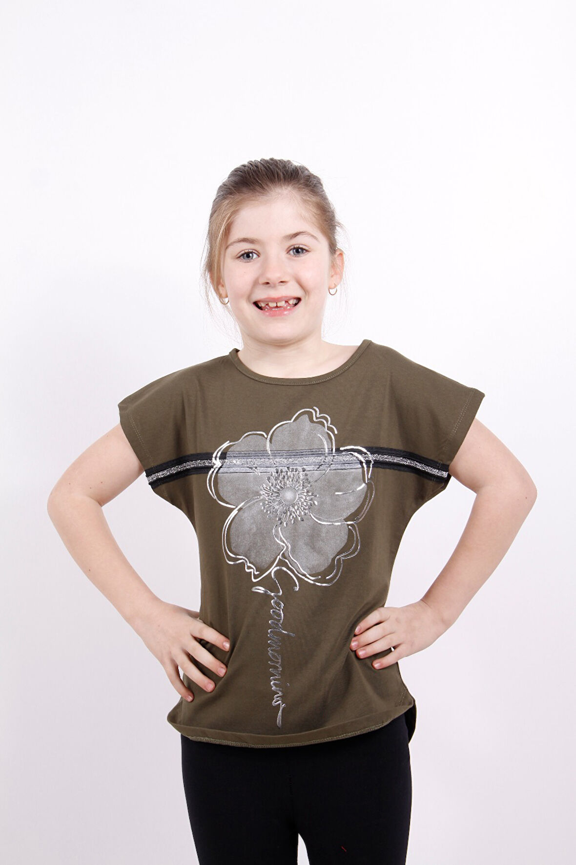 Toontoy Kız Çocuk Çiçek Şeritli Tişört