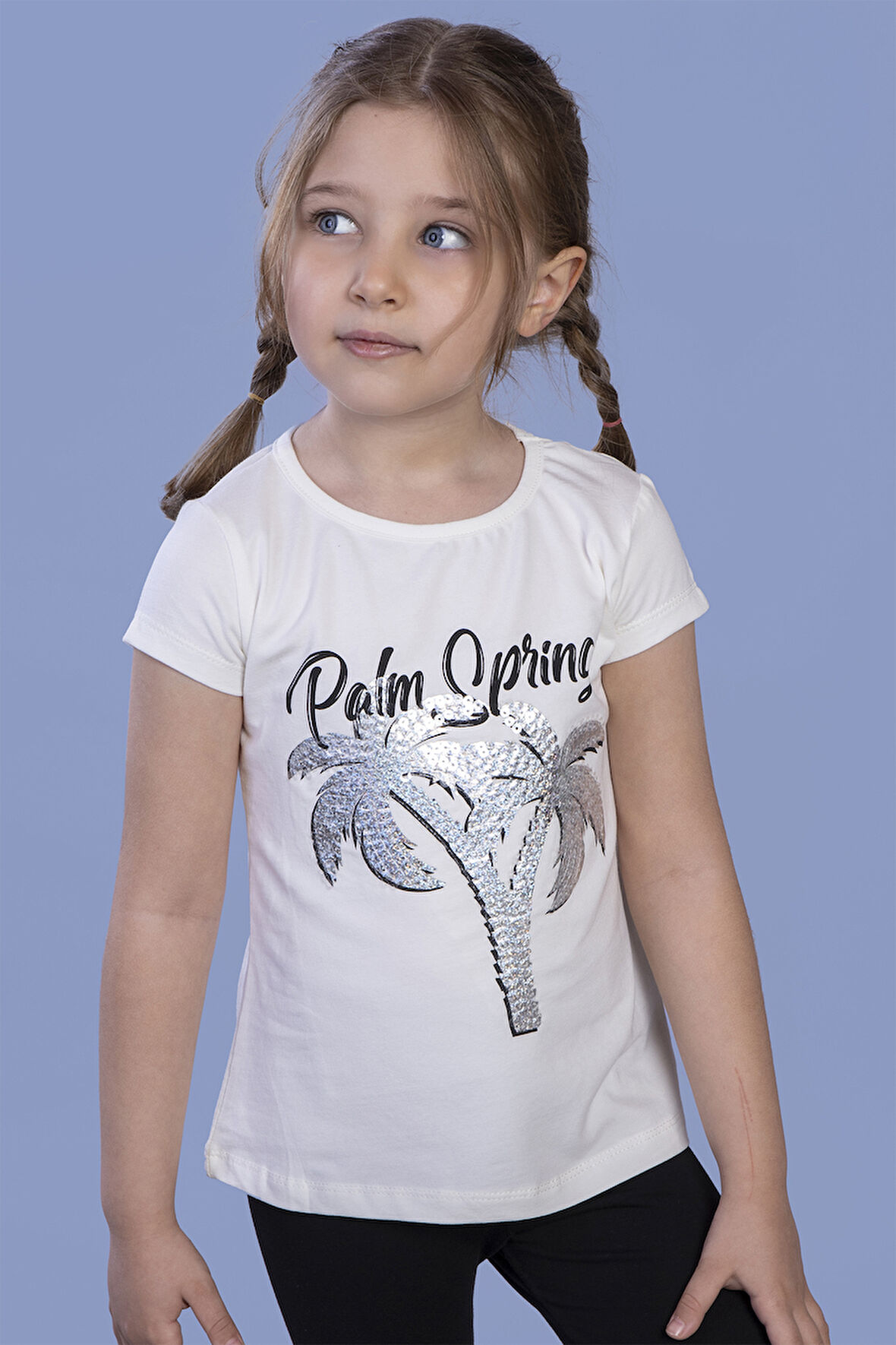 Toontoy Kız Çocuk Pullu Palmiye Nakışlı Tişört