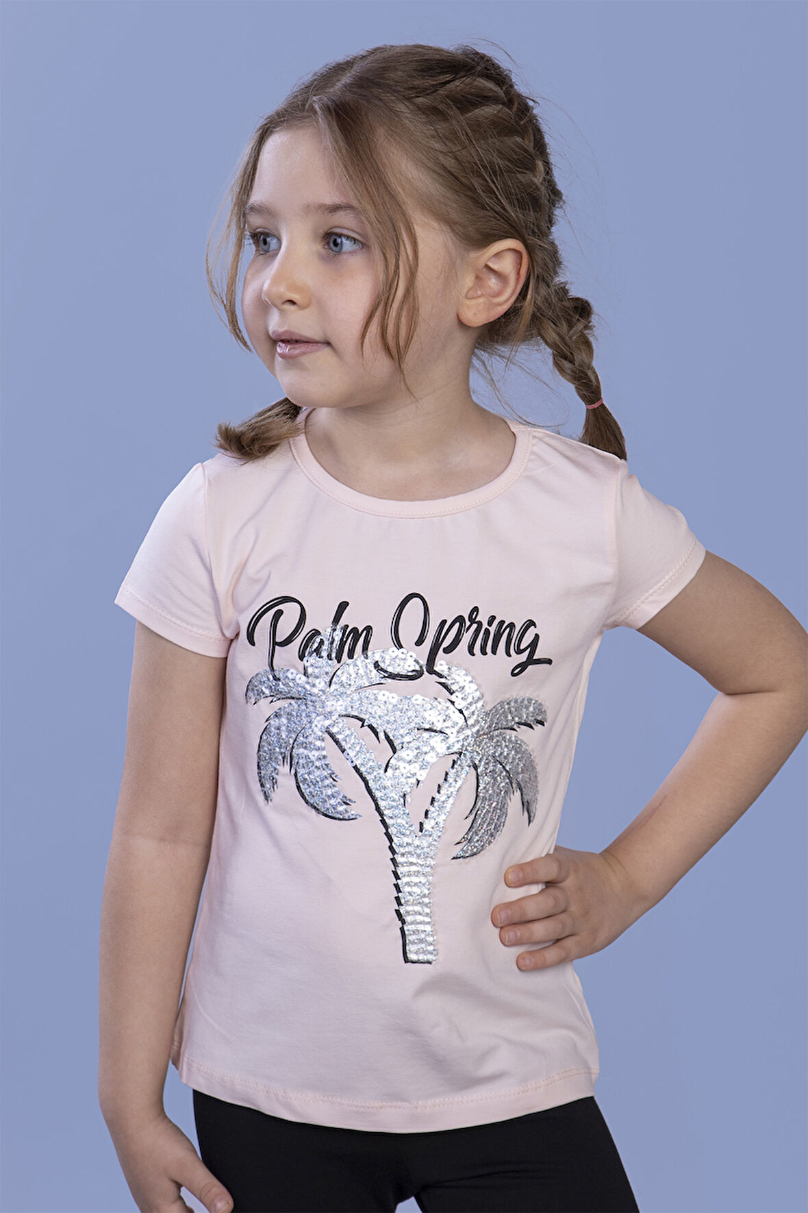 Toontoy Kız Çocuk Pullu Palmiye Nakışlı Tişört