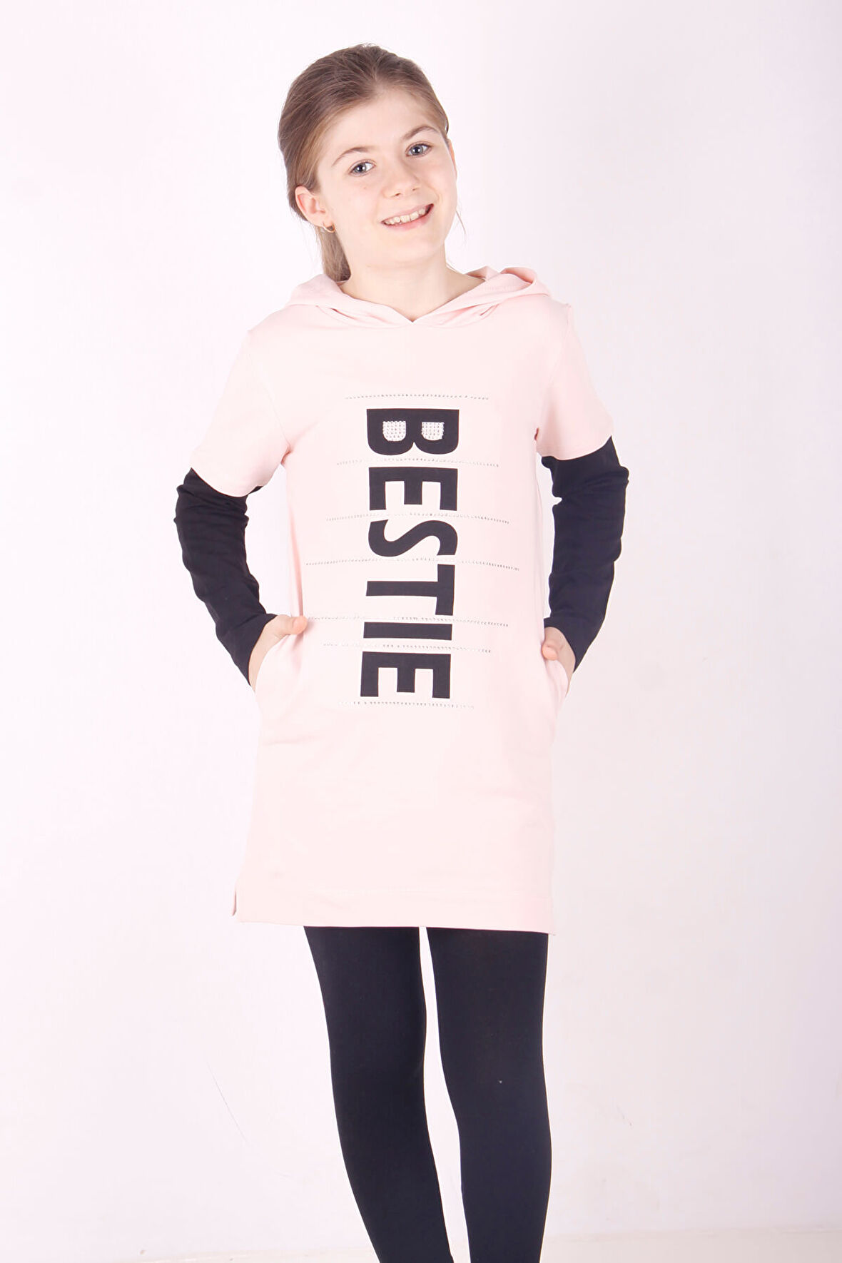 Toontoy Kız Çocuk Bestie Baskılı Kapşonlu Elbise