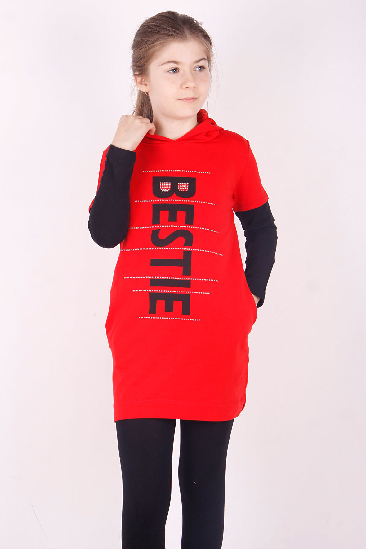 Toontoy Kız Çocuk Bestie Baskılı Kapşonlu Elbise