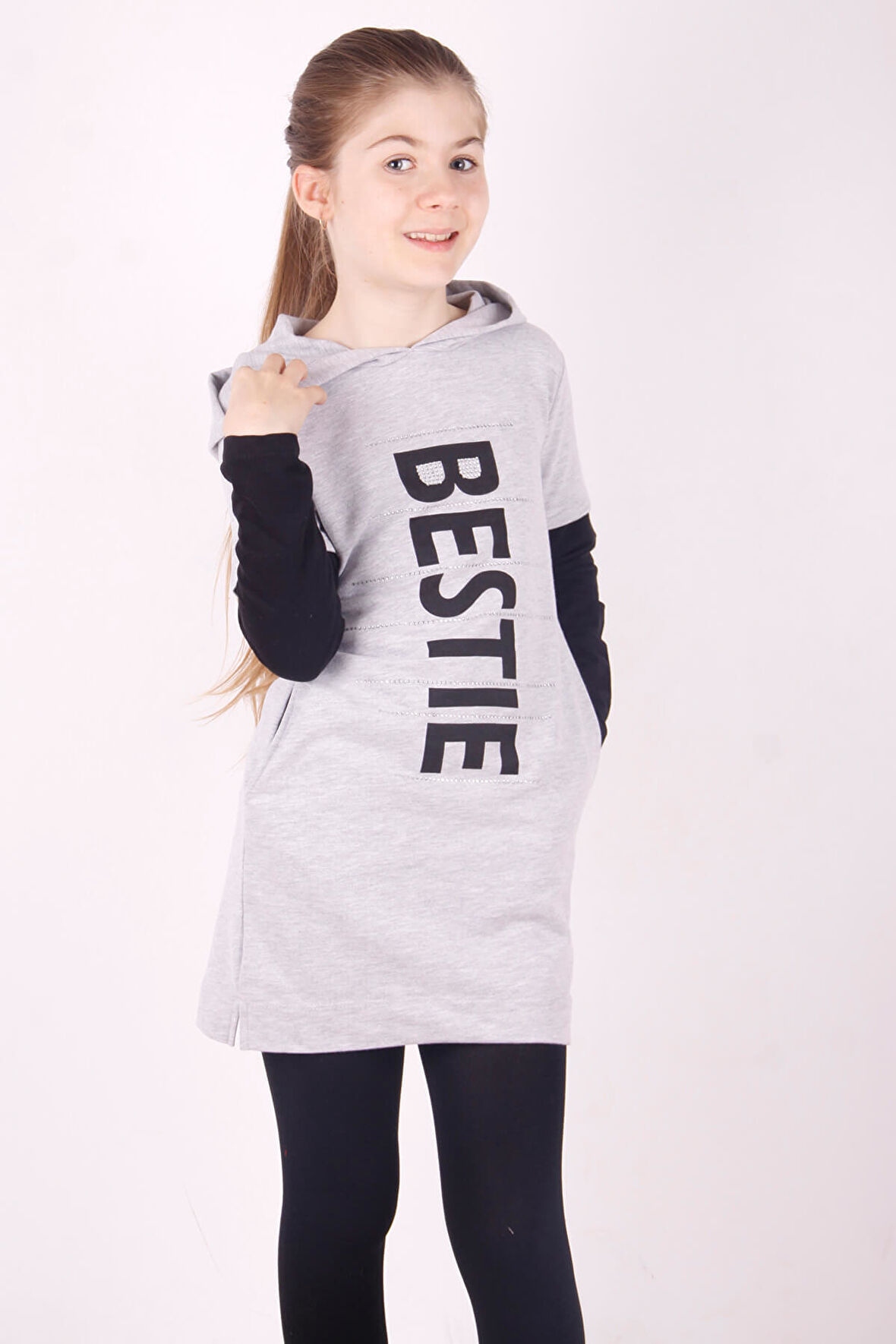 Toontoy Kız Çocuk Bestie Baskılı Kapşonlu Elbise