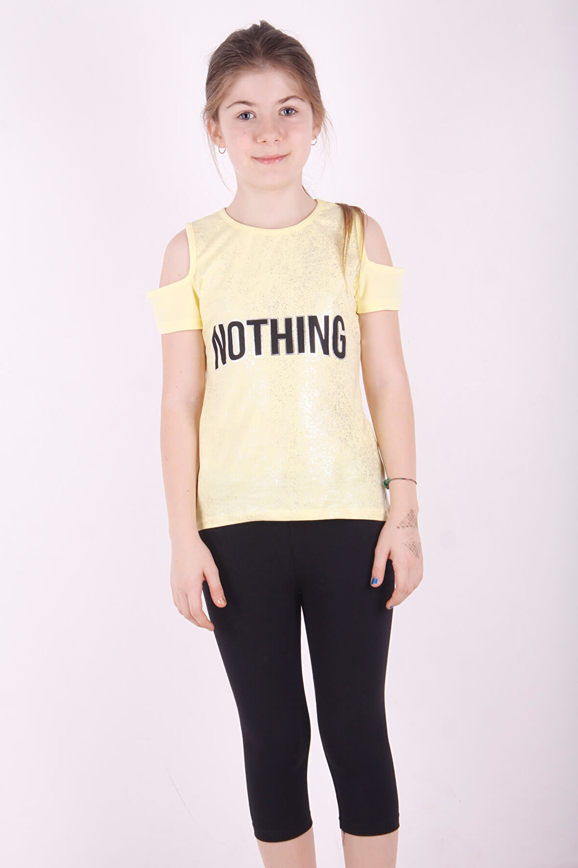 Toontoy Kız Çocuk Yarım Kollu Varak Baskılı Kaprili Takım