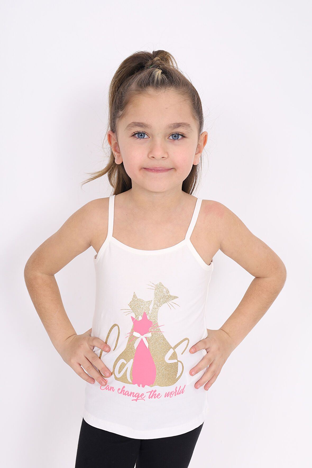 Toontoy Kız Çocuk Fiyonk Aksesuarlı Kedi Baskılı Atlet