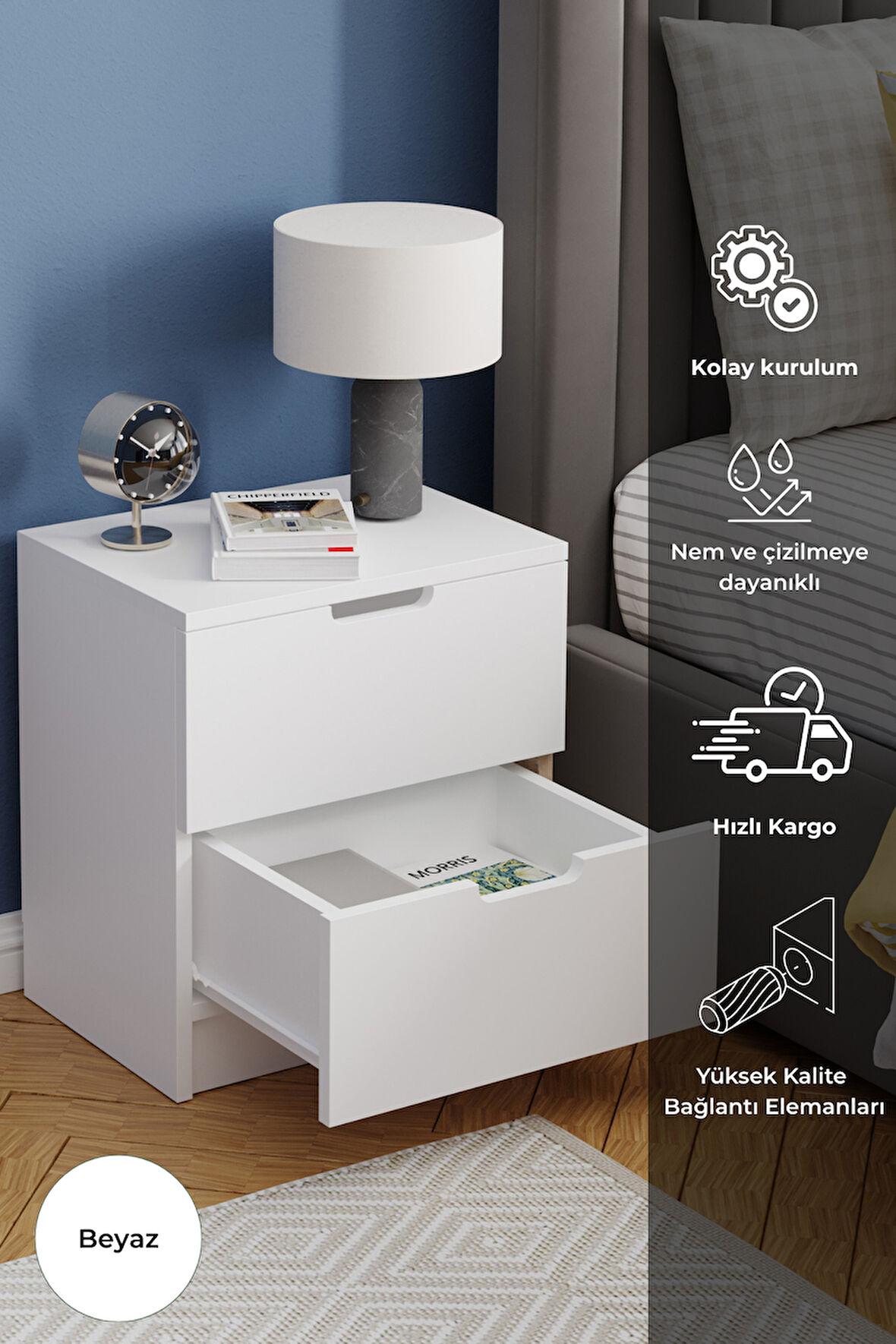 Lento 2 Çekmeceli Komodin Yatak Odası Bebek Odası Beyaz