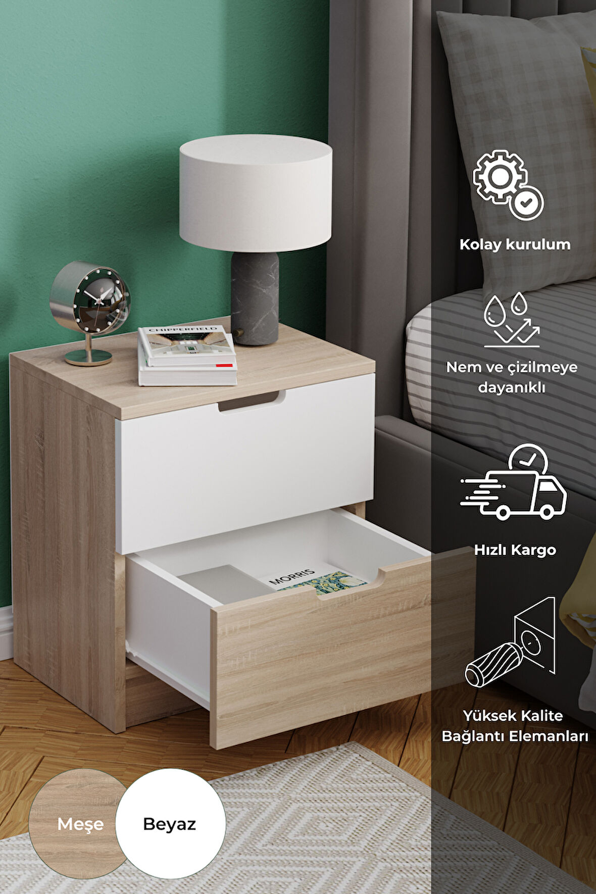 Lento 2 Çekmeceli Komodin Yatak Odası Bebek Odası Beyaz Meşe