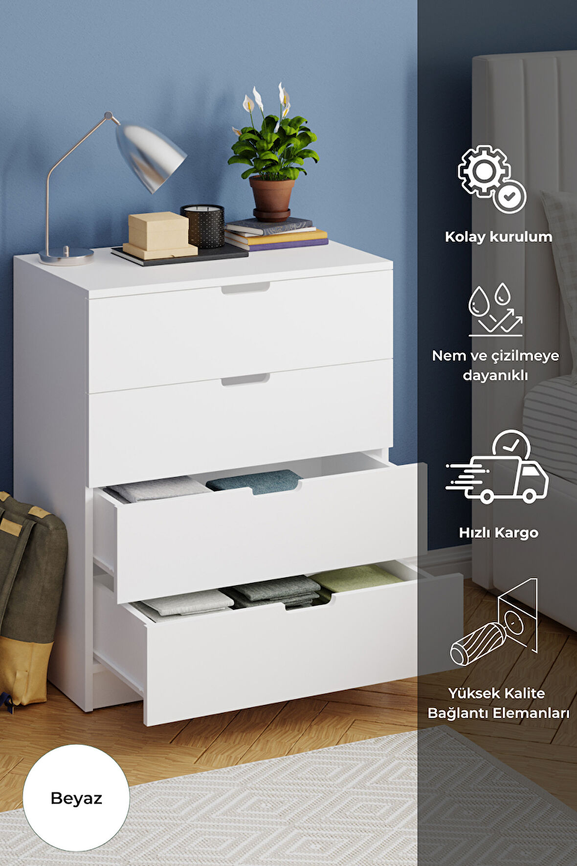 Lento 4 Çekmeceli Şifonyer Yatak Odası Bebek Odası Beyaz