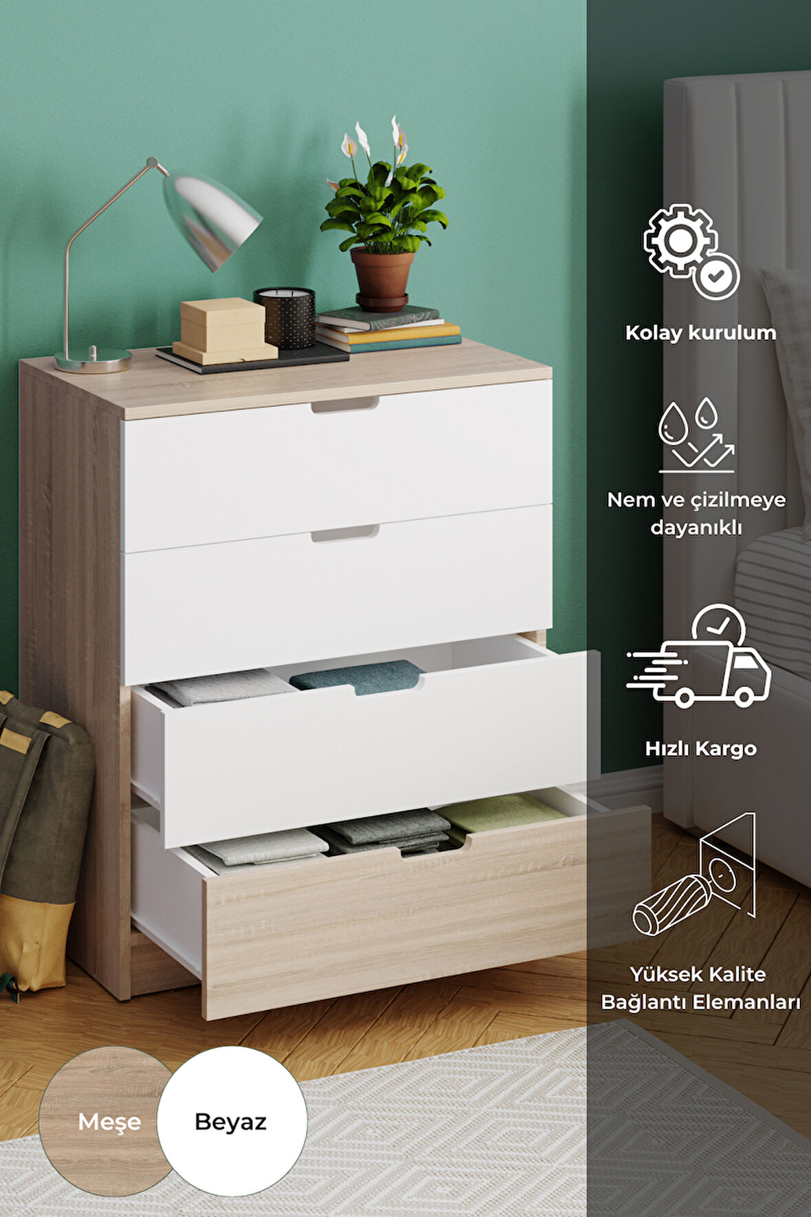 Lento 4 Çekmeceli Şifonyer Yatak Odası Bebek Odası Beyaz Meşe
