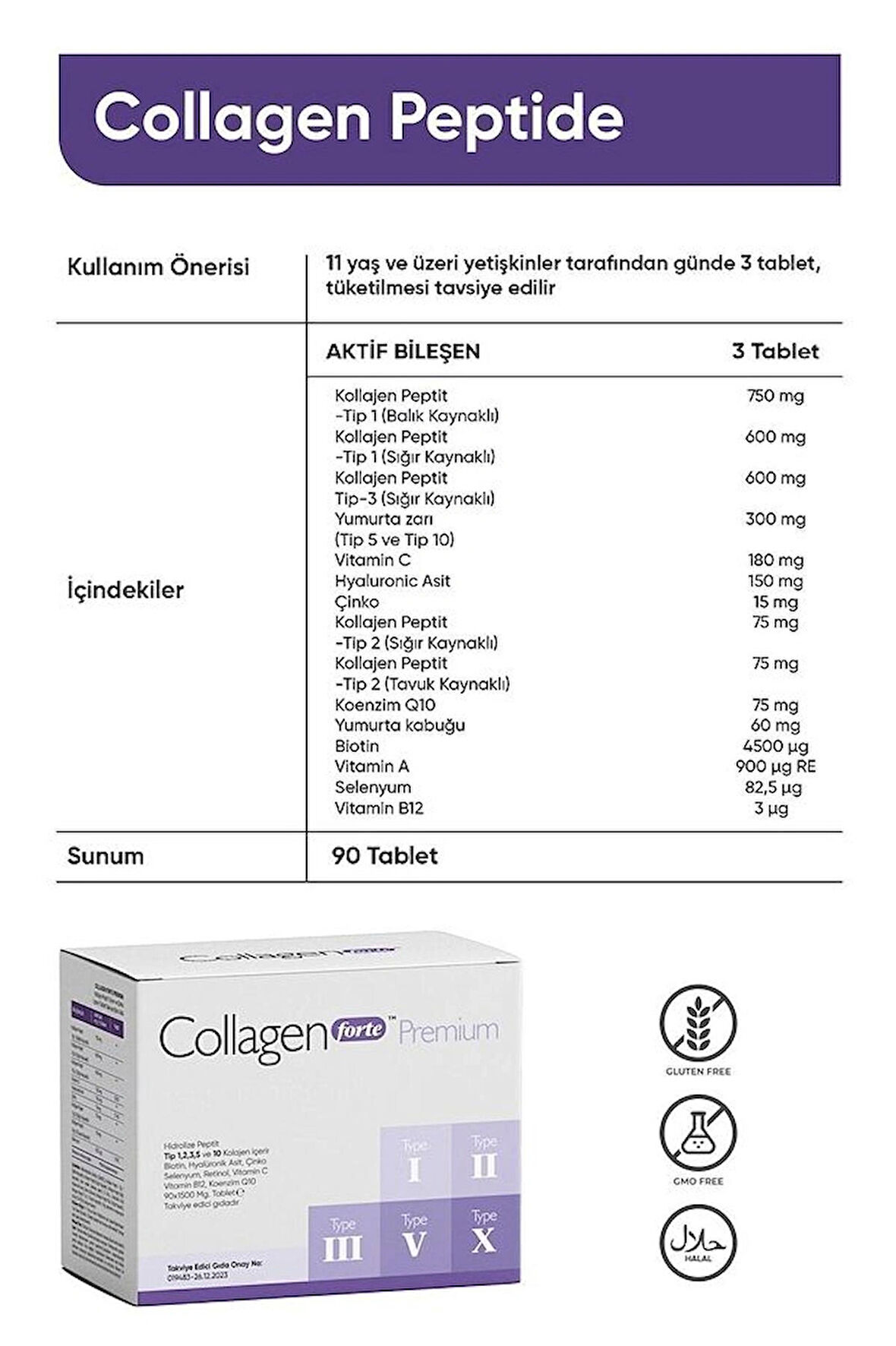5 Tip Kolajen Premium, Biotin, Cinko, Selenyum, Retinol, B12 ve C Vitamini, Koenzim Q10 - 90 Tablet