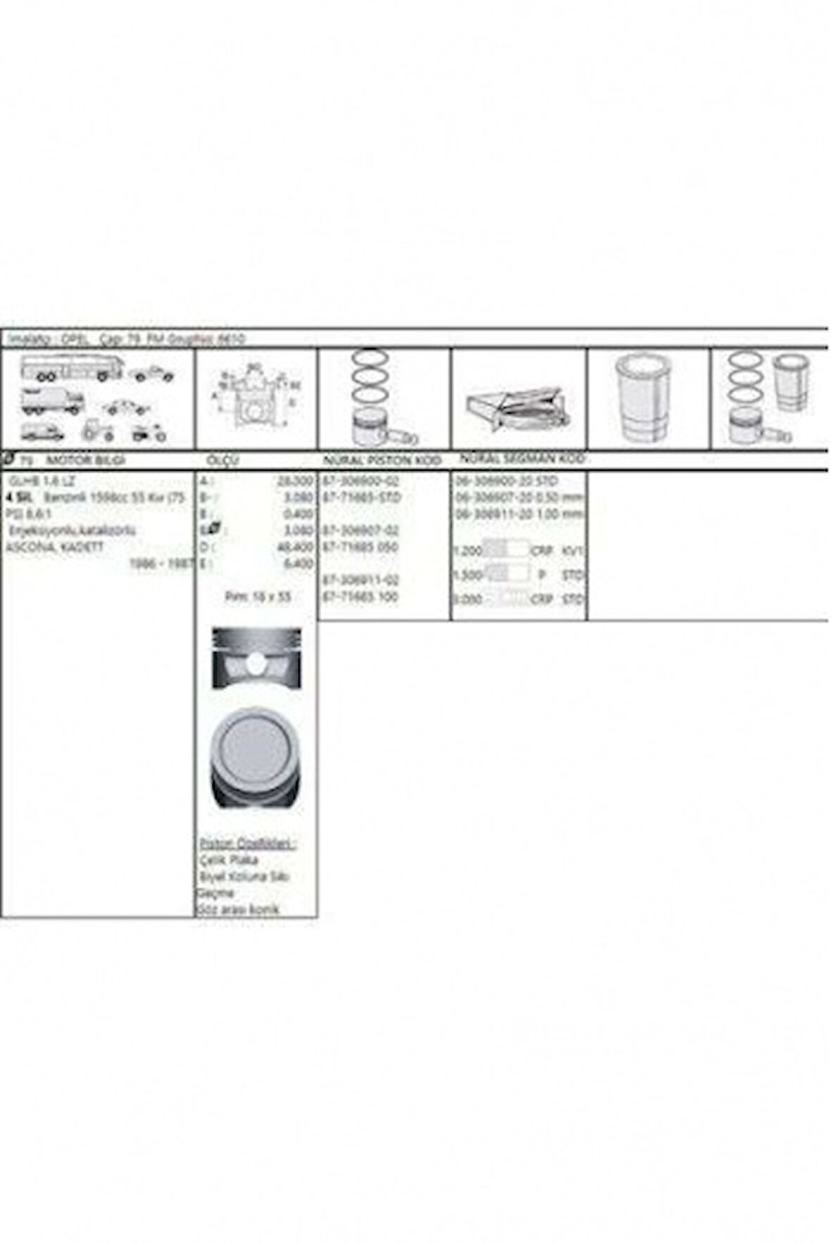 Opel Piston+segman 16sv C16nz 1.6 8v Vectra A Astra F Kadett E 79.00mm Std (1.2x1.5x3.0) - Akd 44-3538-08-00