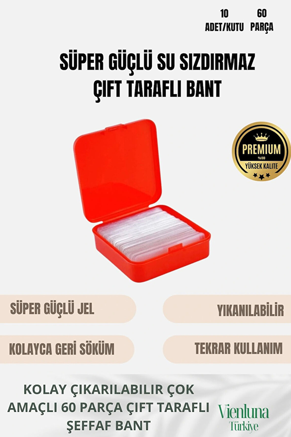 Özel Tasarım Süper Güçlü Yapışkan Kolay Çıkarılabilir 60 Parça Çift Taraflı Şeffaf Bant 10'lu Set