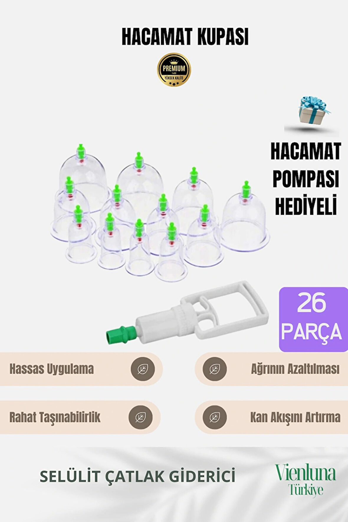 Profesyonel Seri Çatlak Karşıtı Selülit Vakum Destekli Masaj Aleti - 24+2 Parça Hacamat Kupa Seti